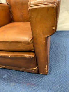 French Club Lounge Chair Brown Leather, circa 1930, Wool Swiss Army Blanket Back