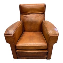 French Club Lounge Chair Brown Leather, circa 1930, Wool Swiss Army Blanket Back