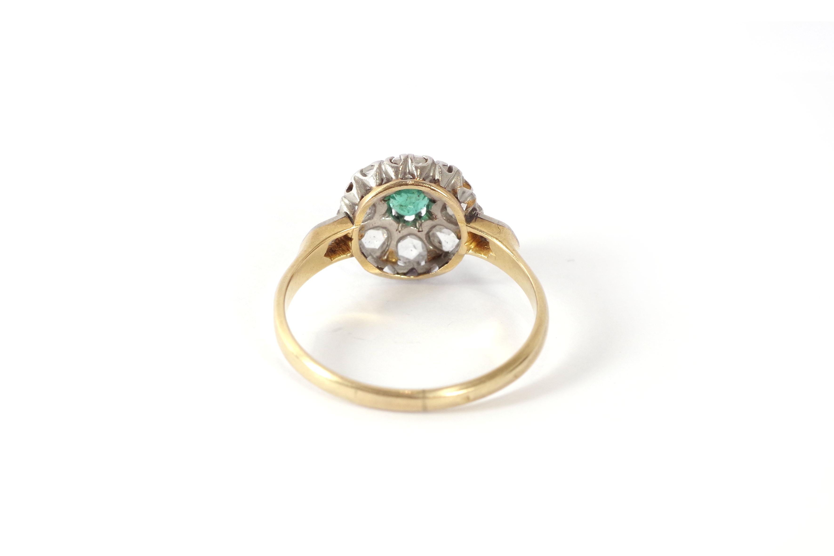 Round Cut French cluster emerald ring in 18 karat pink gold and platinum