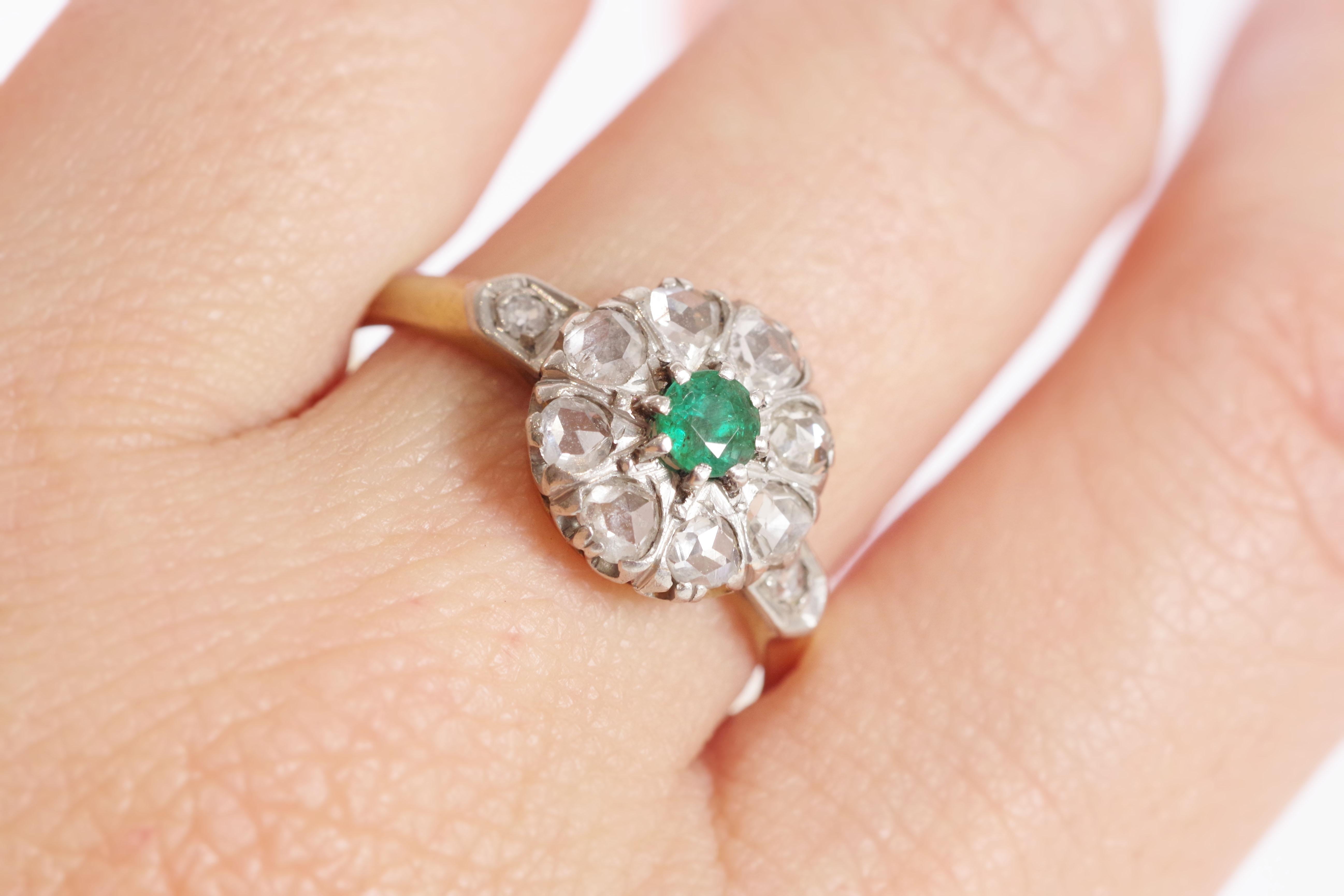 French cluster emerald ring in 18 karat pink gold and platinum 1