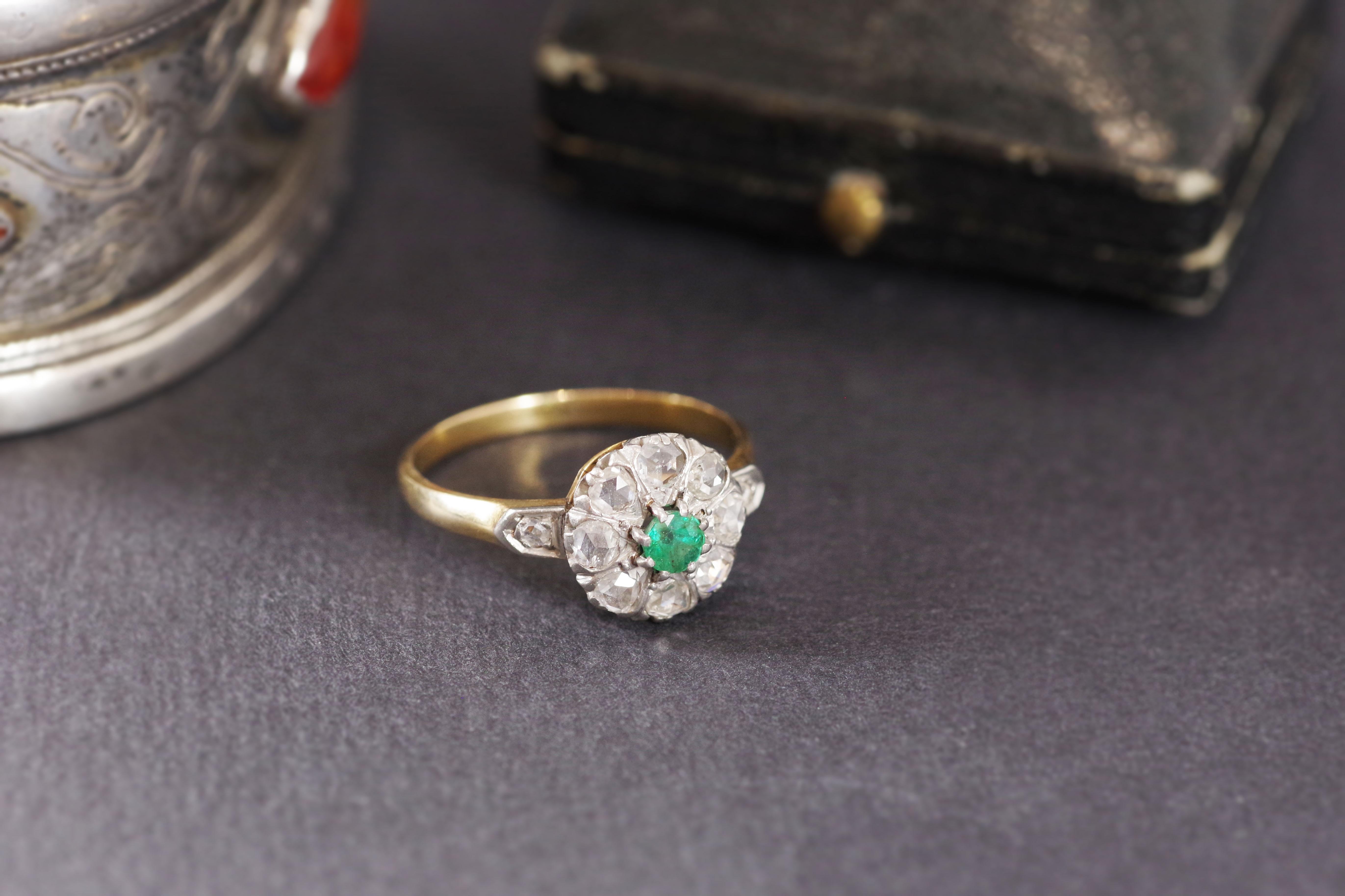 French cluster emerald ring in 18 karat pink gold and platinum 2