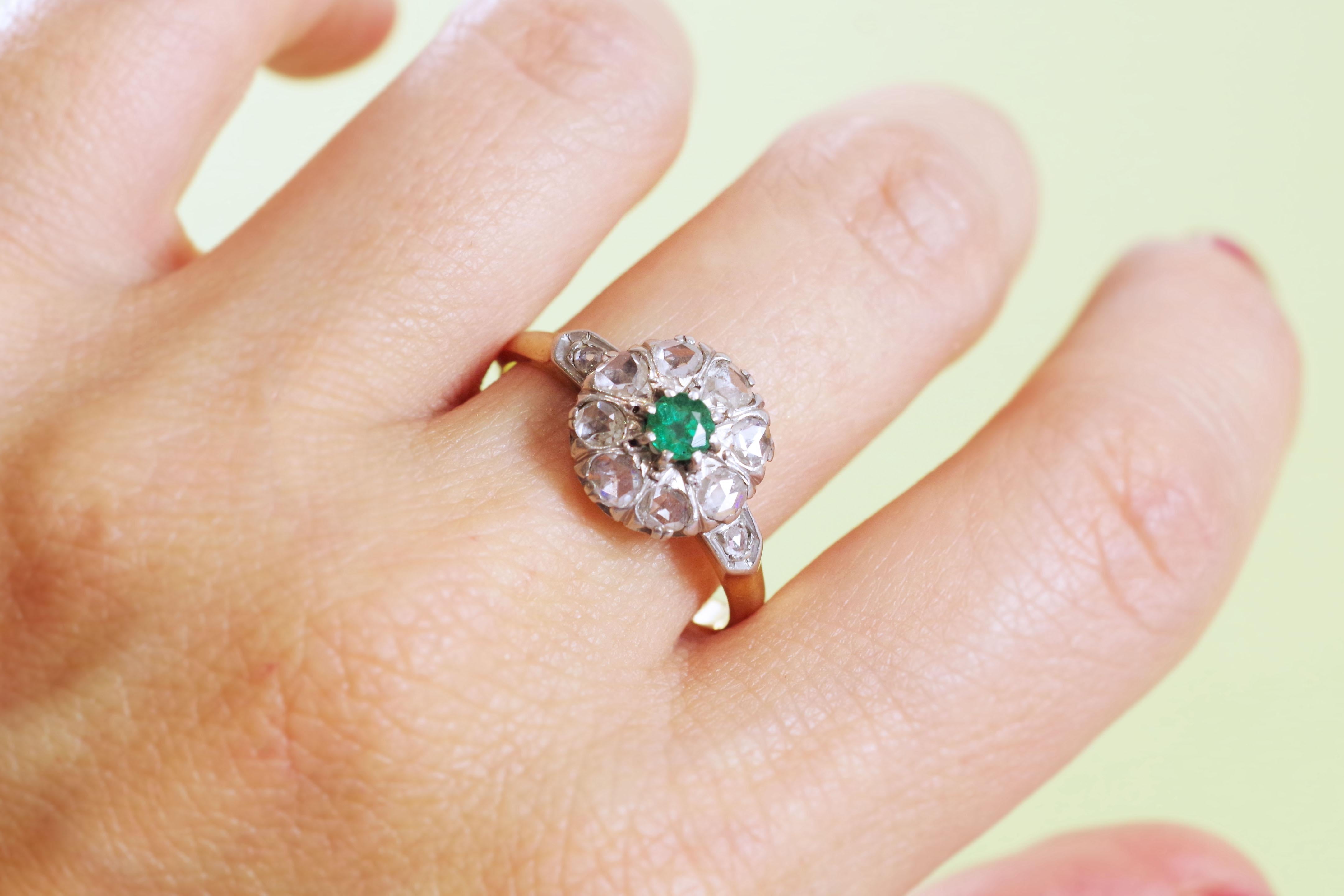 French cluster emerald ring in 18 karat pink gold and platinum 3