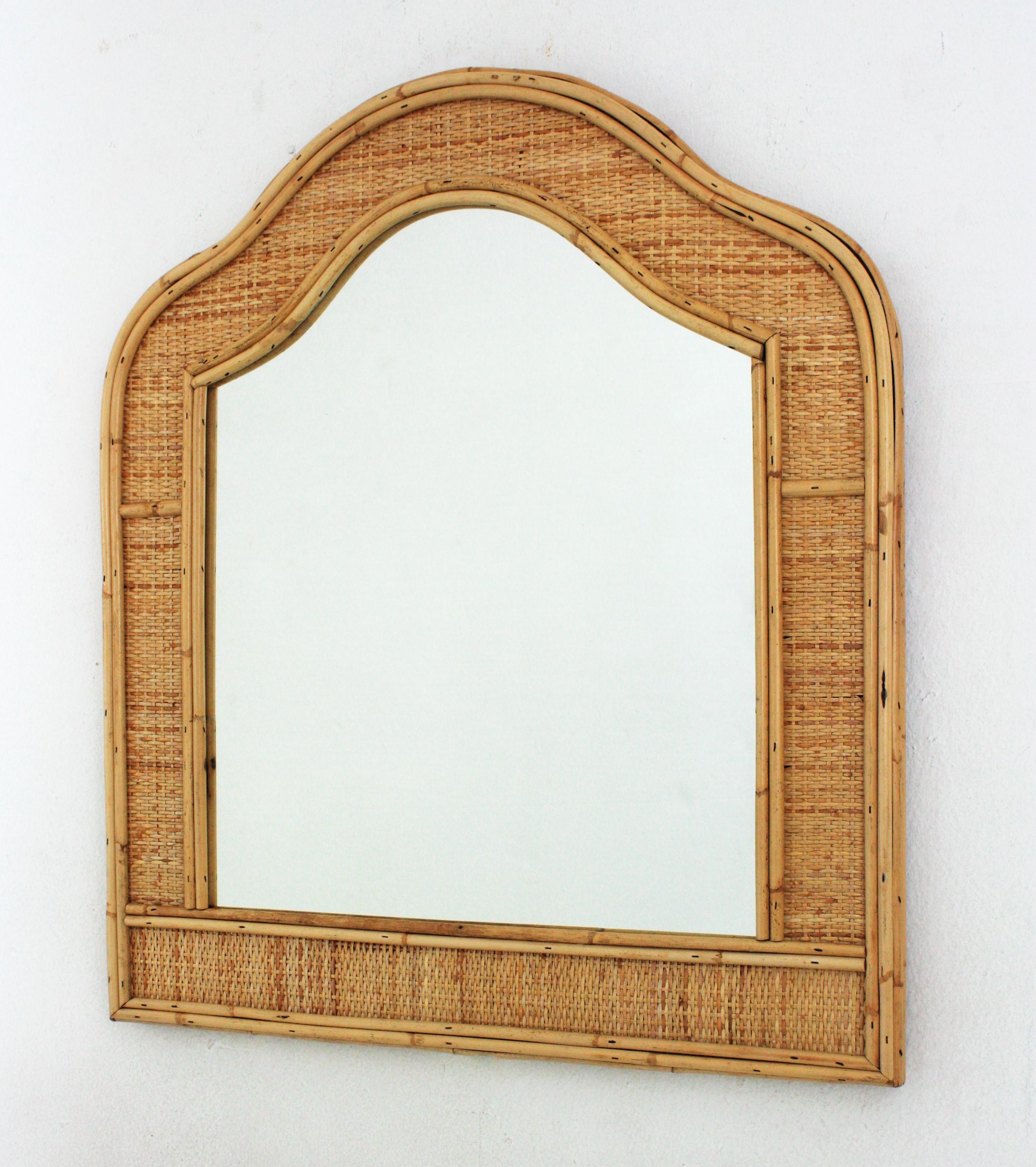 Mid-Century Modern French Coastal Arched Mirror in Rattan and Woven Wicker