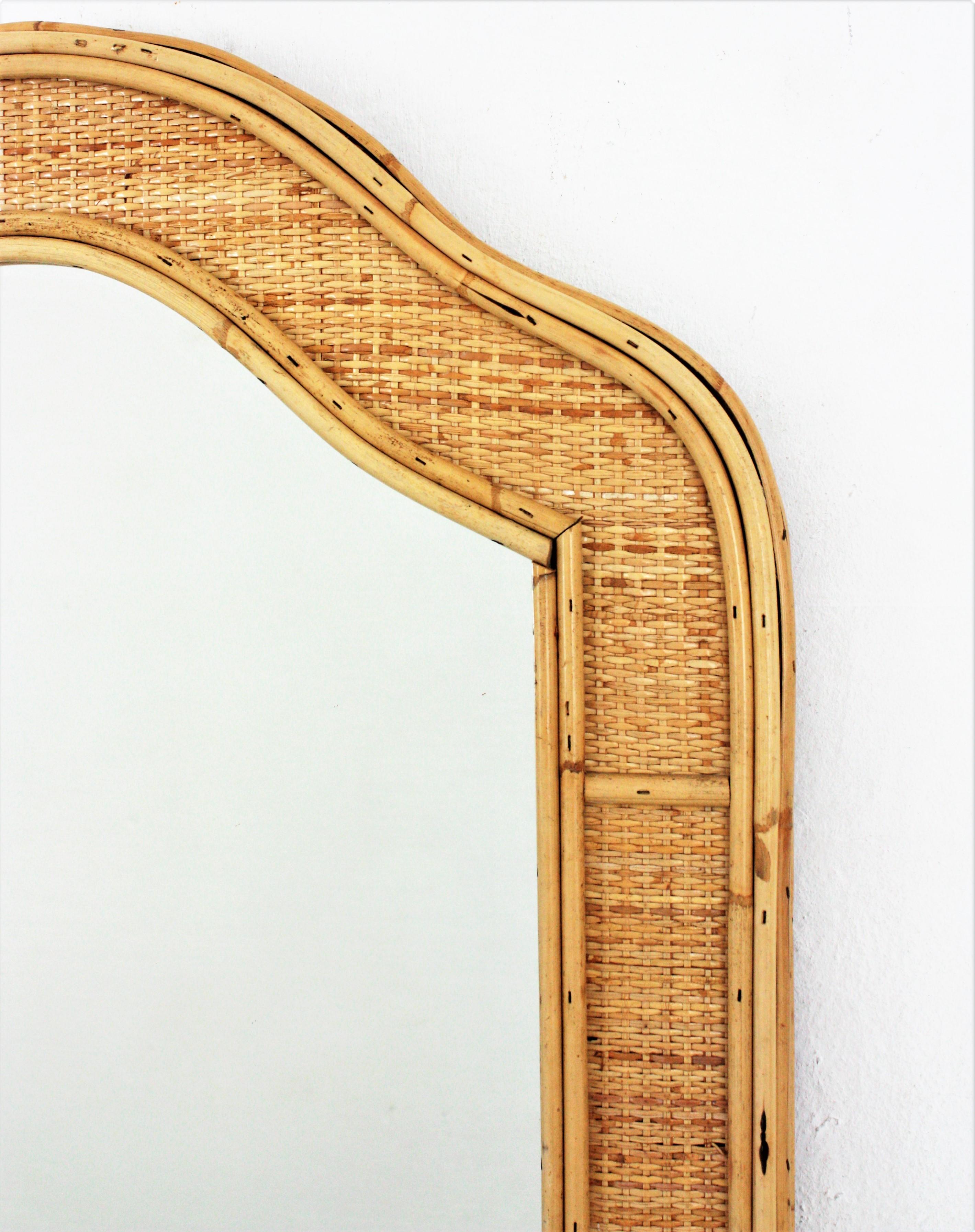 Hand-Crafted French Coastal Arched Mirror in Rattan and Woven Wicker