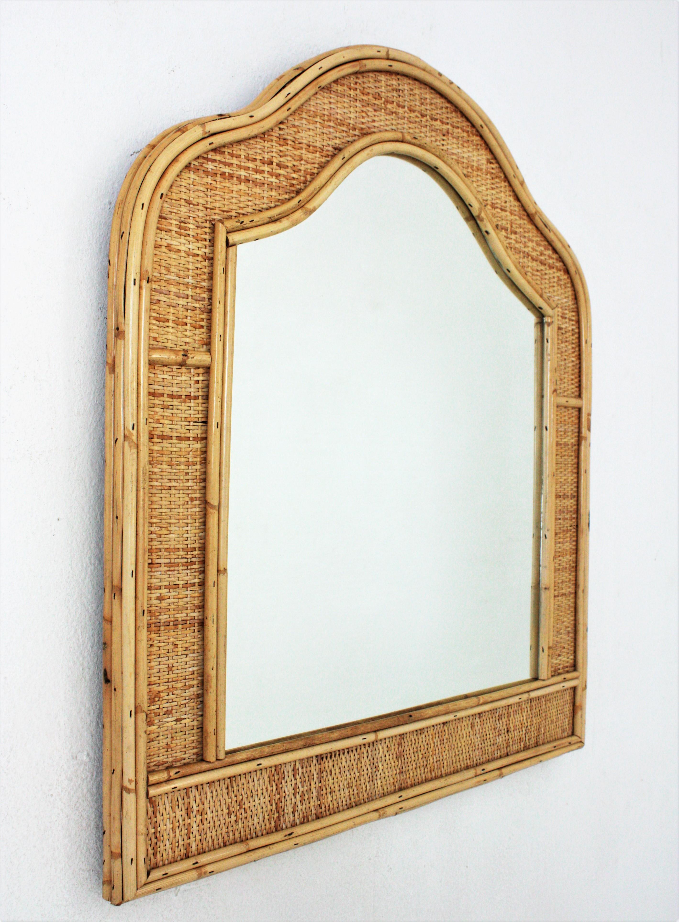 20th Century French Coastal Arched Mirror in Rattan and Woven Wicker