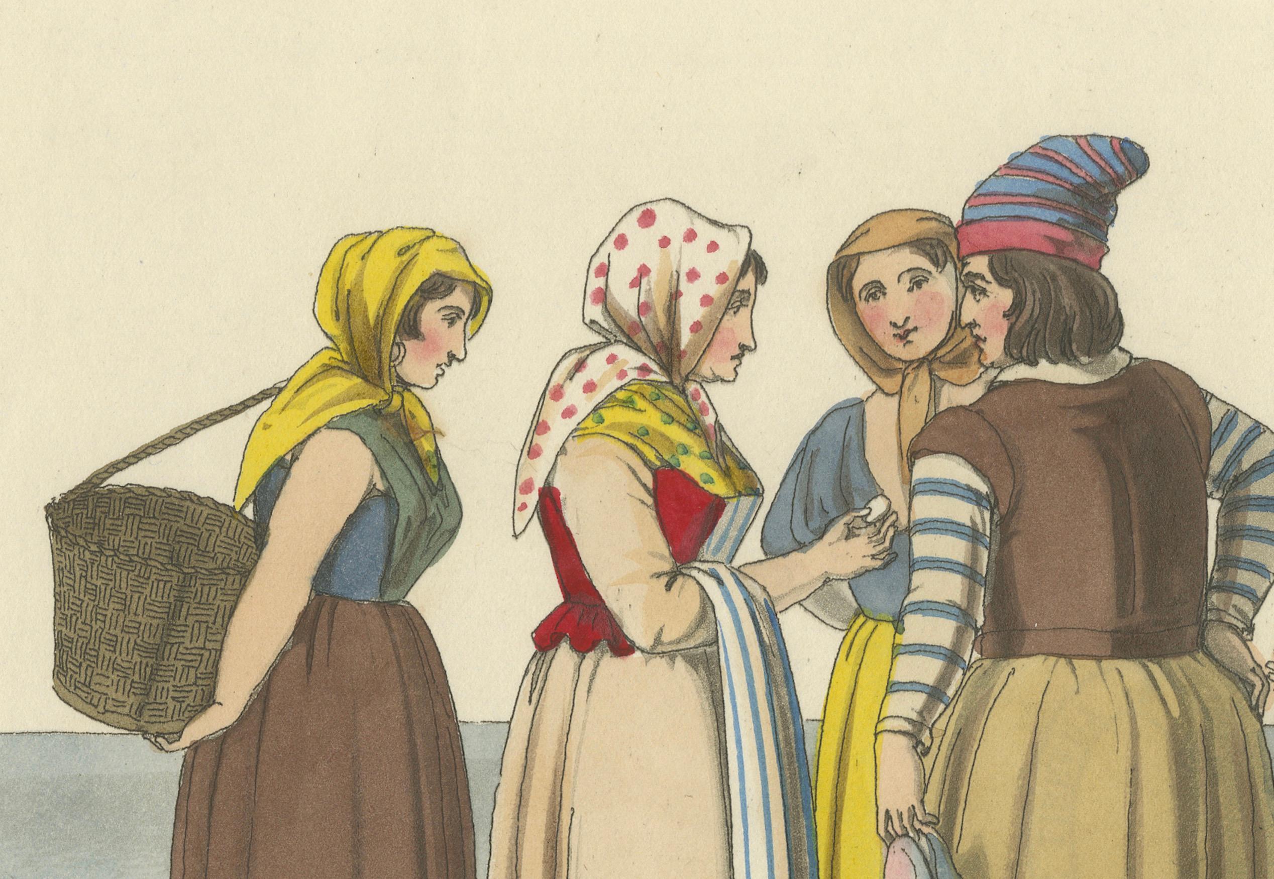 Vie côtière française - Pêcheuses de Boulogne, estampe coloriée à la main 1835

Description détaillée :
Cette captivante estampe de 1835, coloriée à la main, illustre une scène animée et charmante de la vie côtière à Boulogne, en France. L'image