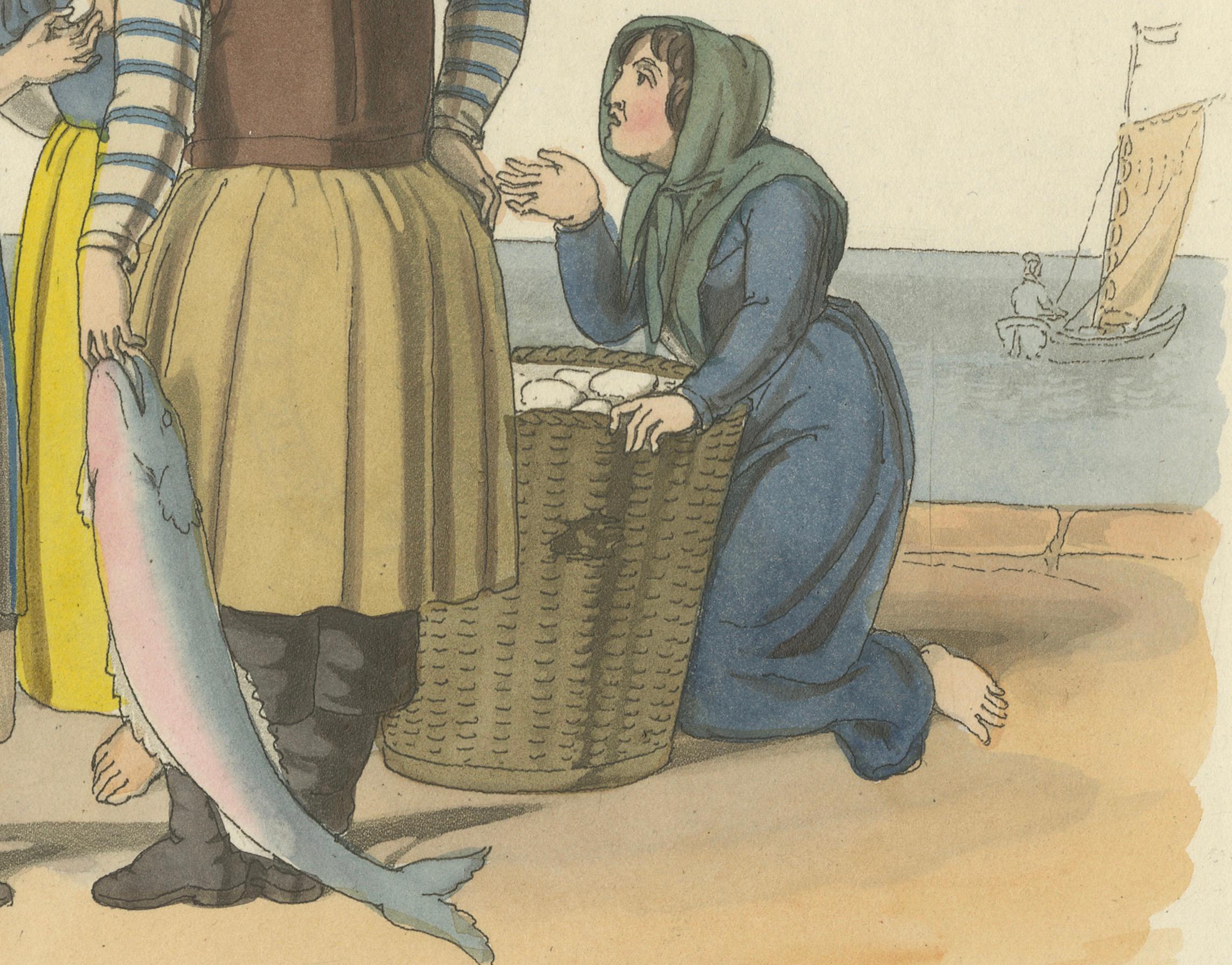 Vie côtière française - Pêcheuses de Boulogne, estampe coloriée à la main 1835 Bon état - En vente à Langweer, NL