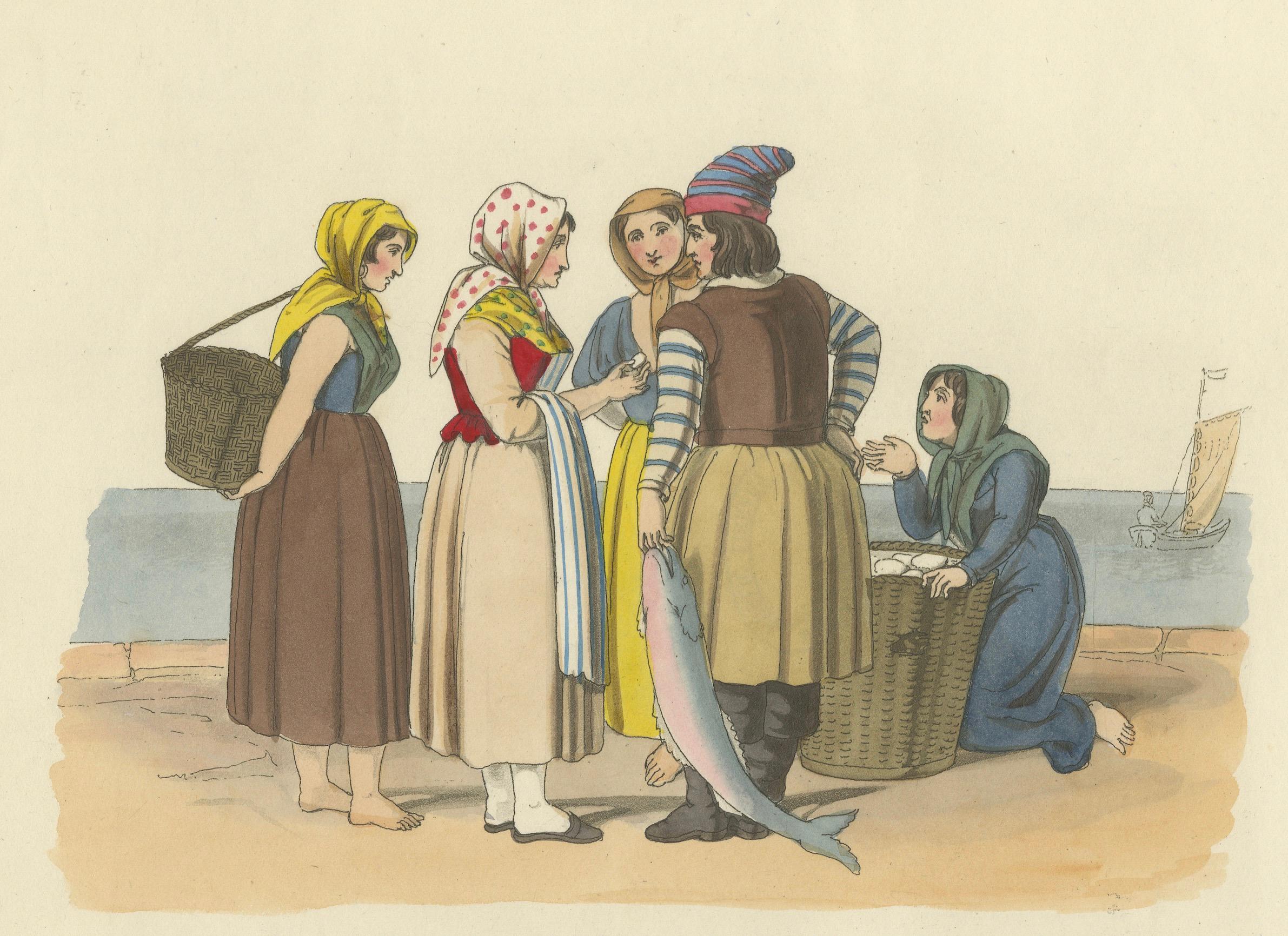 Milieu du XIXe siècle Vie côtière française - Pêcheuses de Boulogne, estampe coloriée à la main 1835 en vente