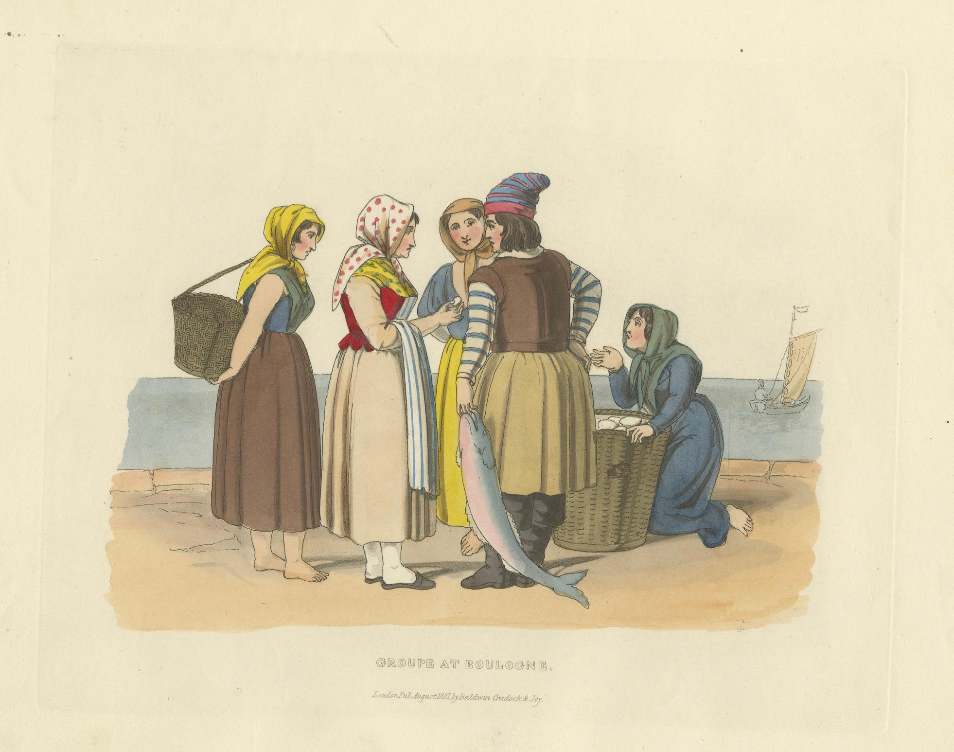 Papier Vie côtière française - Pêcheuses de Boulogne, estampe coloriée à la main 1835 en vente