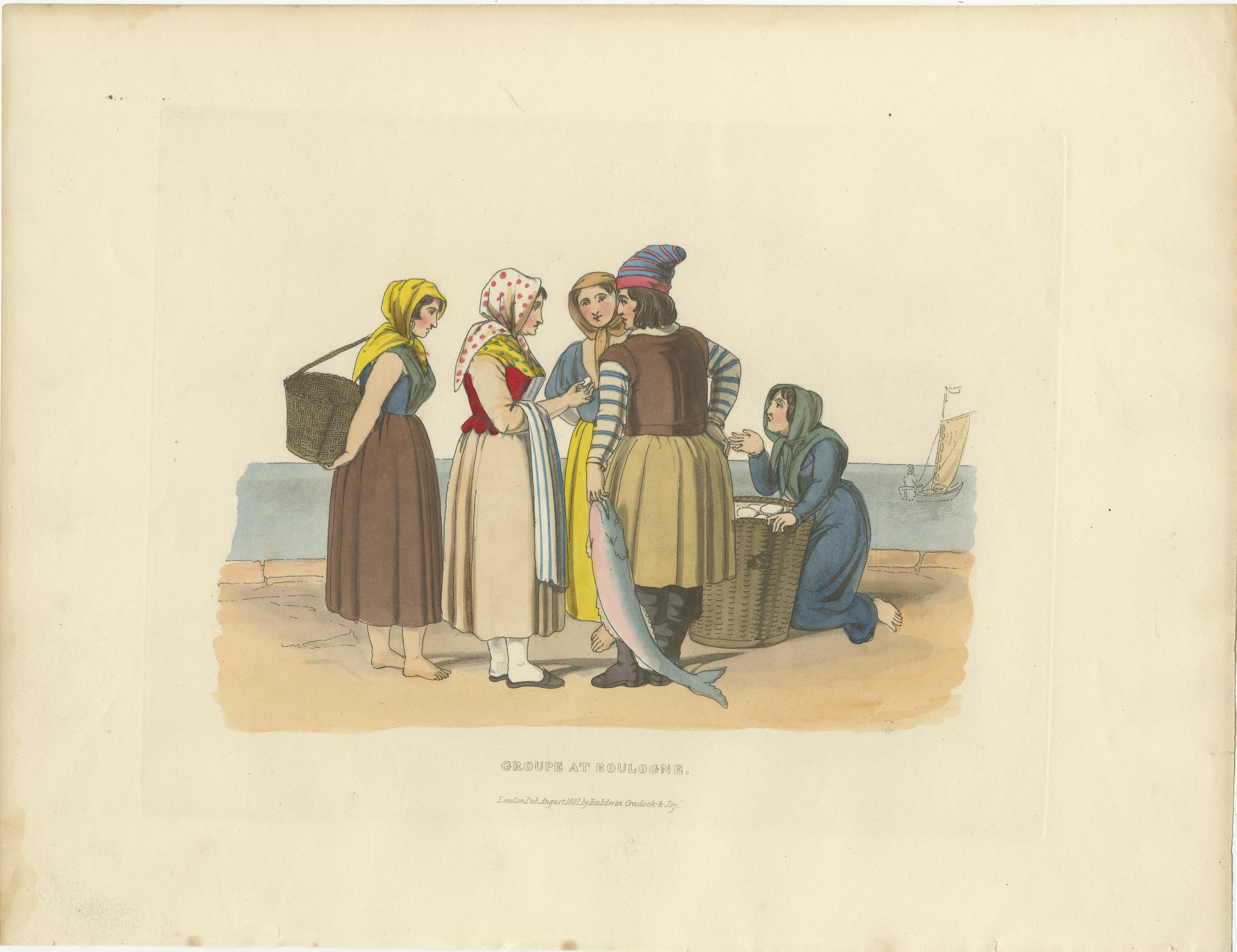 Vie côtière française - Pêcheuses de Boulogne, estampe coloriée à la main 1835 en vente 1