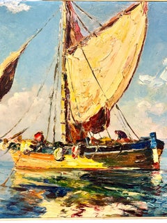 Large Oil on Panel of Coastal Sailboats, by Bernard Régis, France c. 1950s