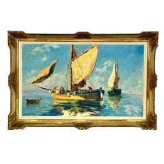 Large Oil on Panel of Coastal Sailboats, by Bernard Régis, France c. 1950s