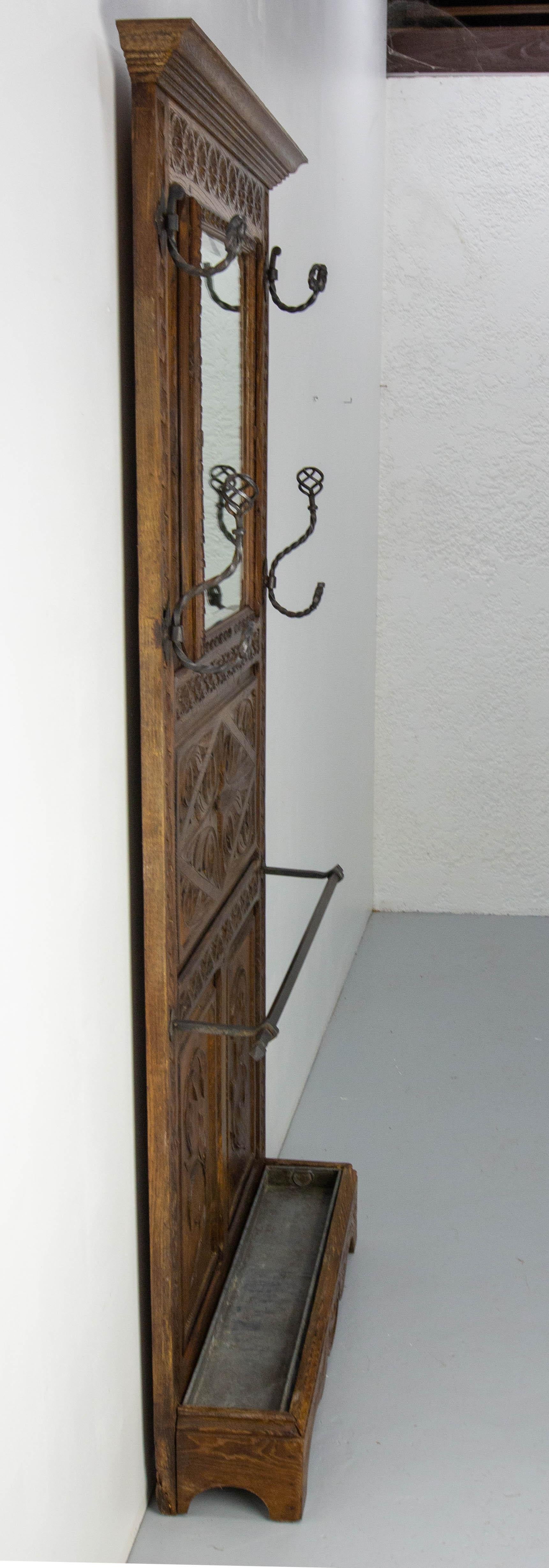 French Coat Hat Rack Chestnut Mirror Wrough Iron & Zinc Stand Gothic St 19th C. For Sale 6
