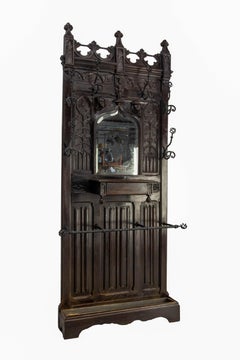 French Coat Hat Rack Oak Beveled Mirror & Wrough Iron Stand Gothic Style 19th C.