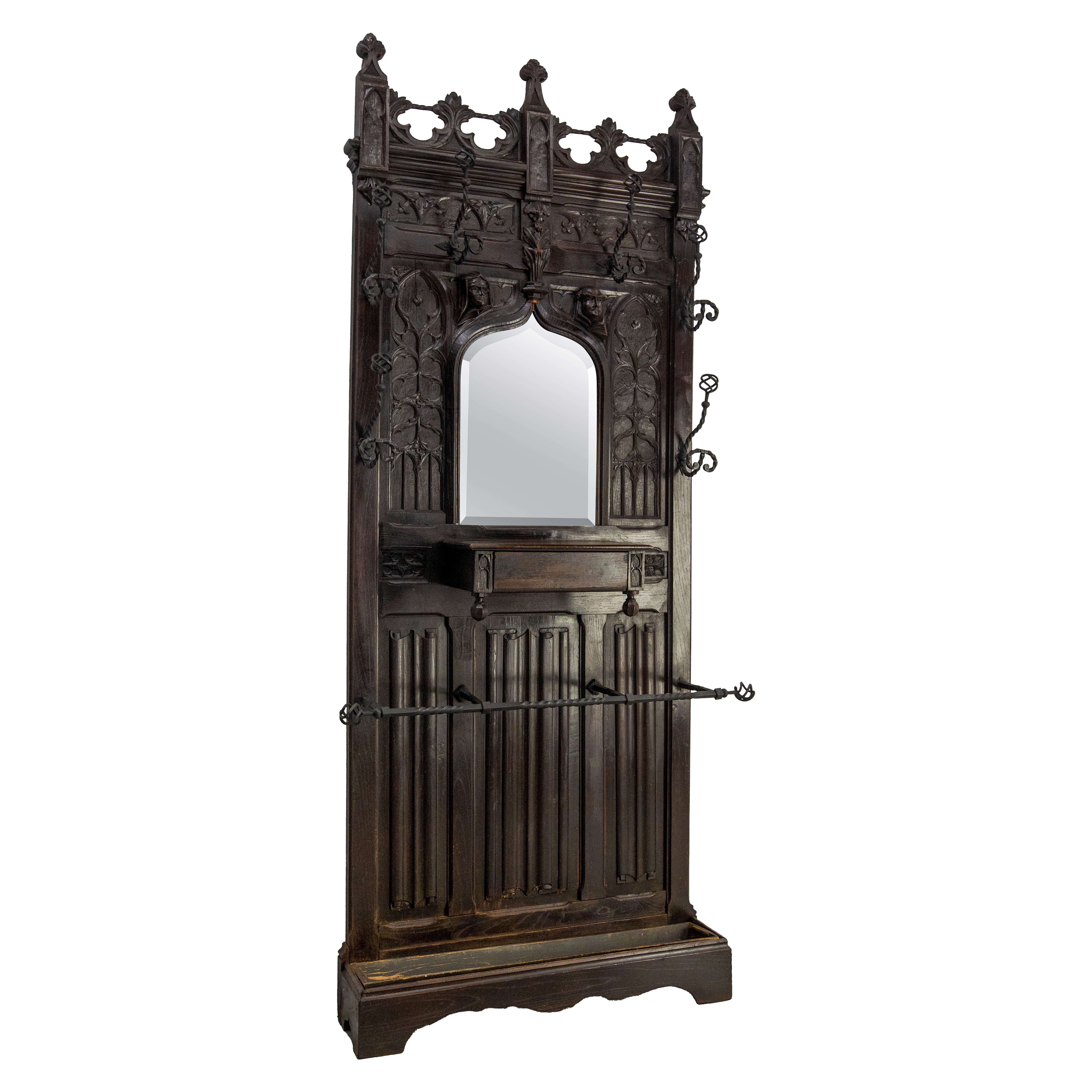 French Coat Hat Rack Oak Beveled Mirror & Wrough Iron Stand Gothic Style 19th C.