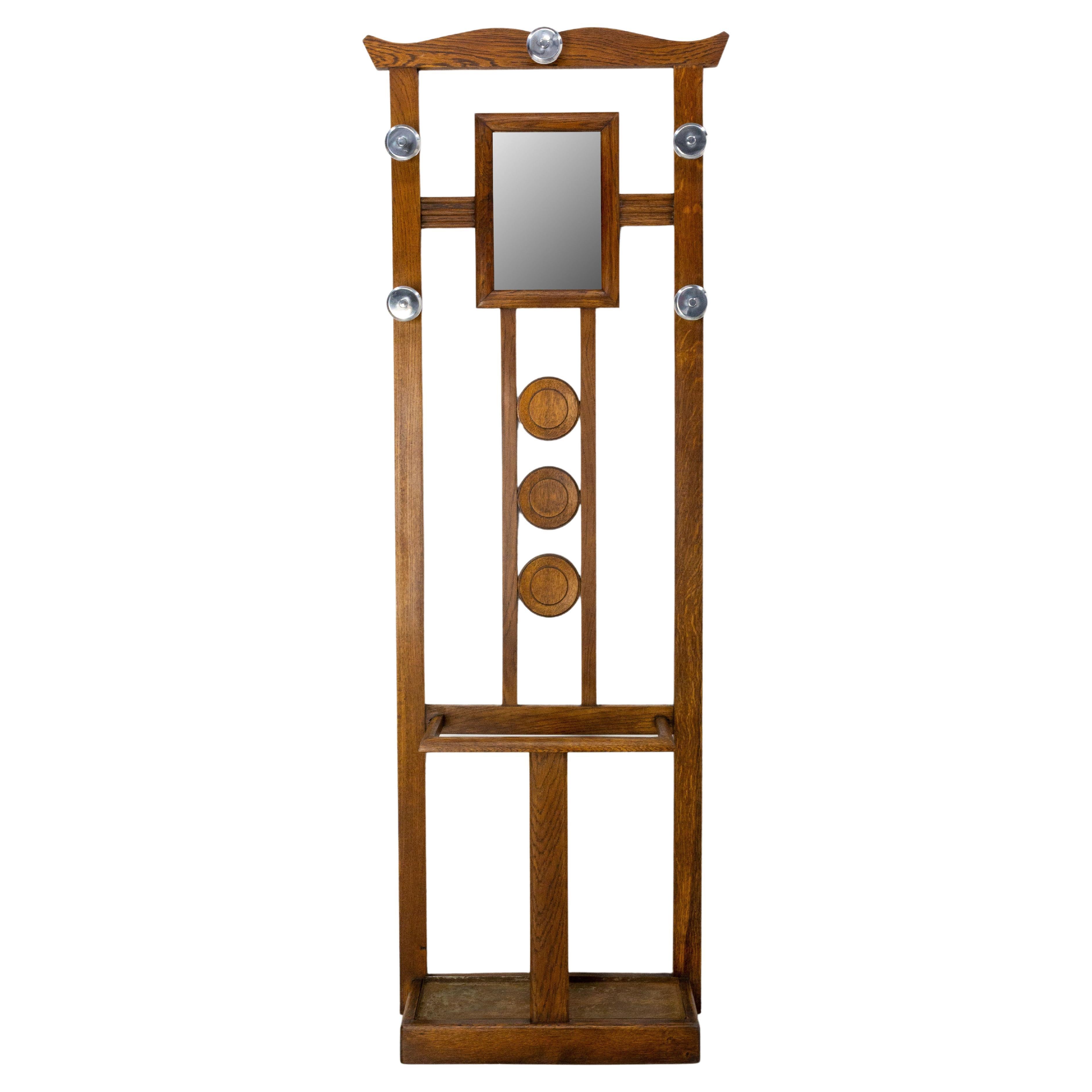 French Coat Rack Hat Stand Oak Glass and Mirror, circa 1950 For Sale