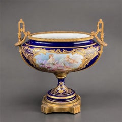 French Cobalt Blue Porcelain Urn Vase, Signed Delinière, Sèvres Style, 11.8in