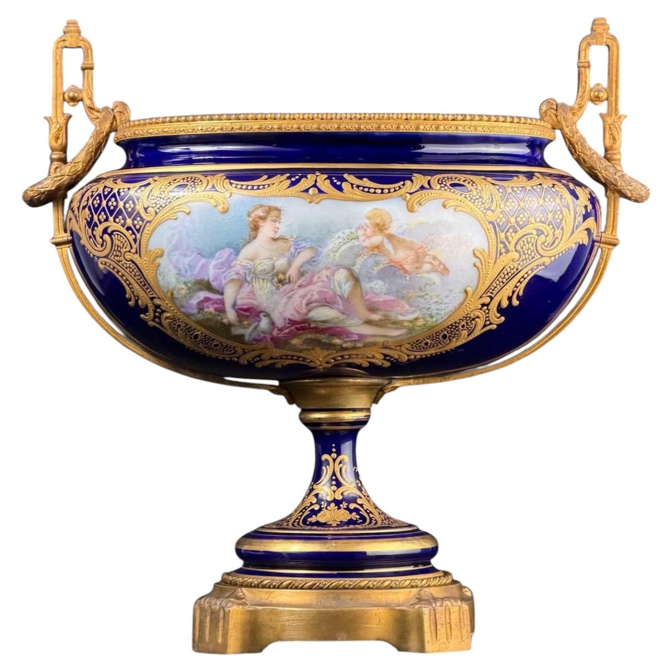 French Cobalt Blue Porcelain Urn Vase, Signed Delinière, Sèvres Style, 11.8in