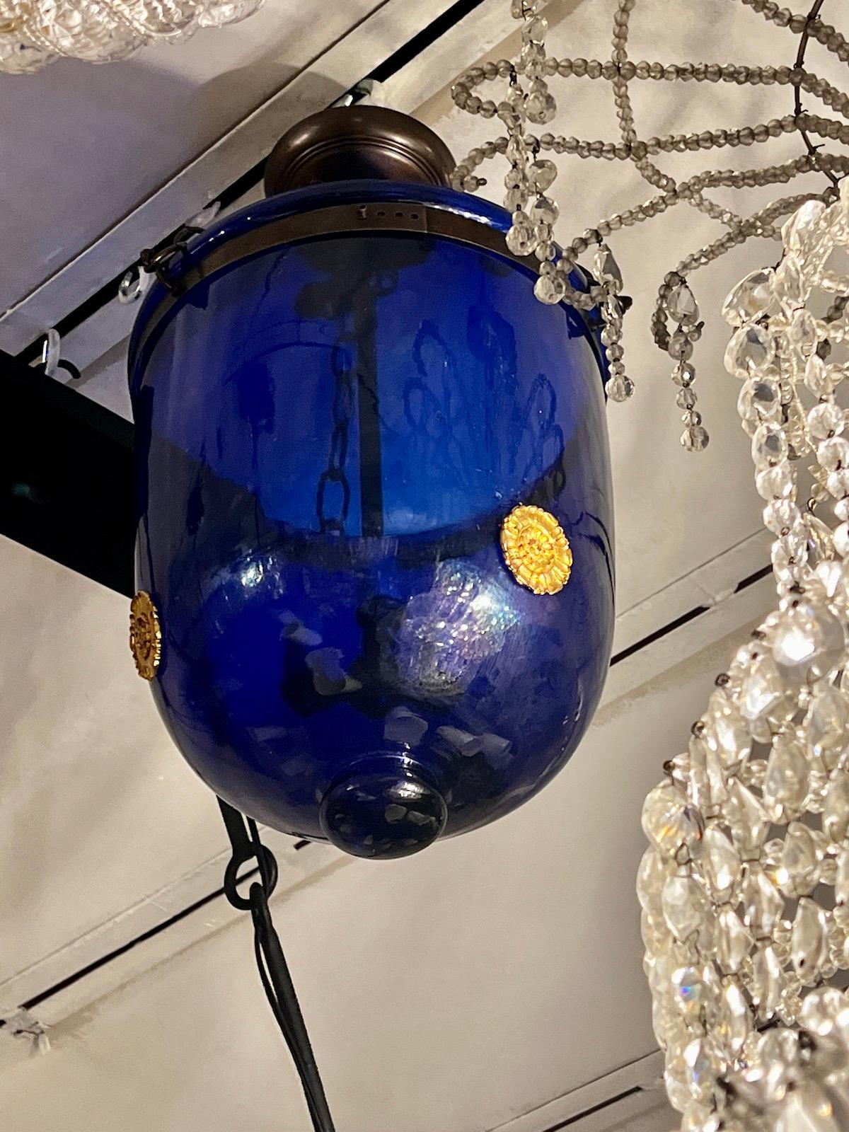 Bronze French Cobalt Glass Lantern For Sale