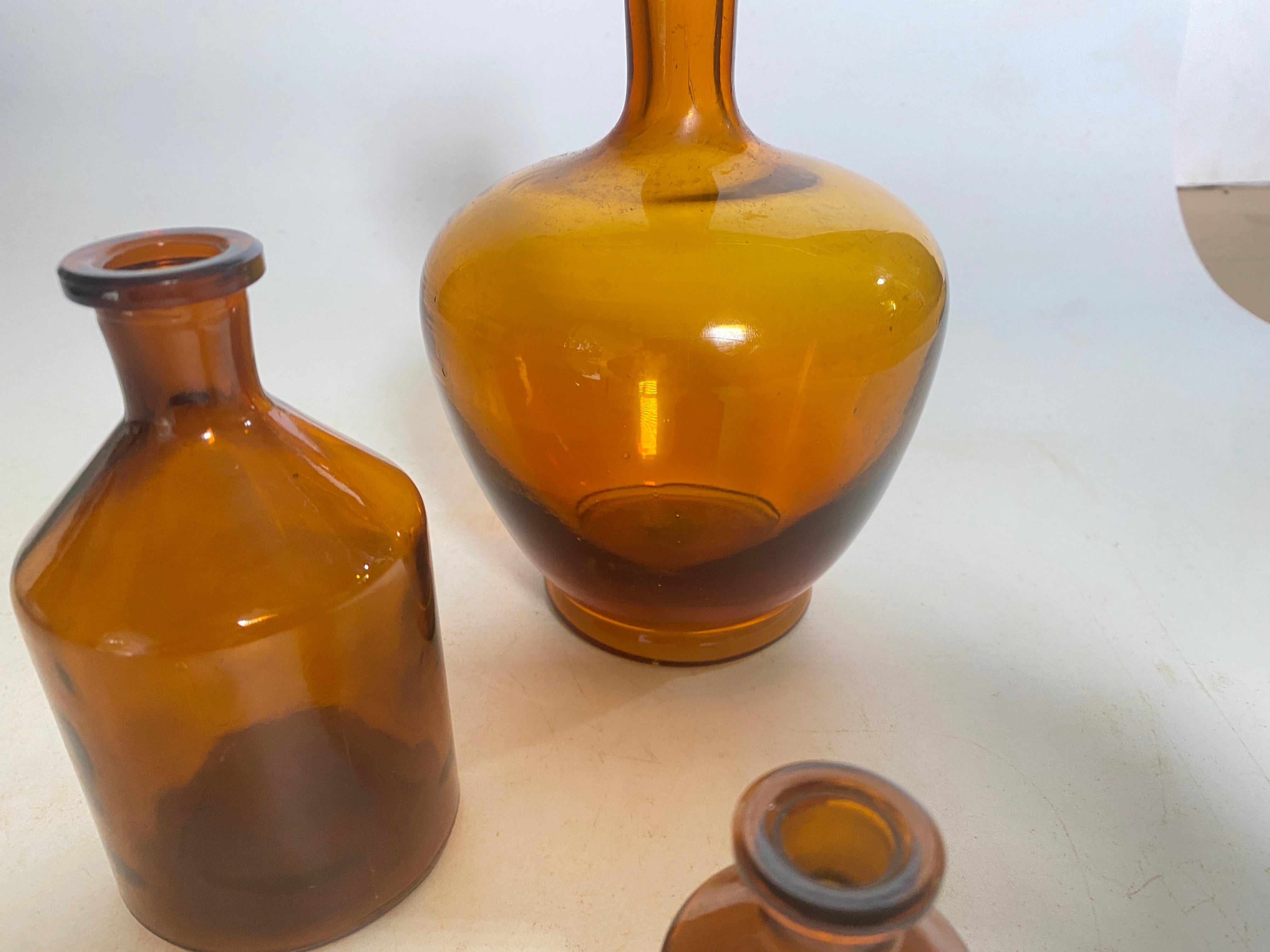 Glass French Cobalt Orange Pharmacy Bottles Set of 3 Circa 20th Century For Sale