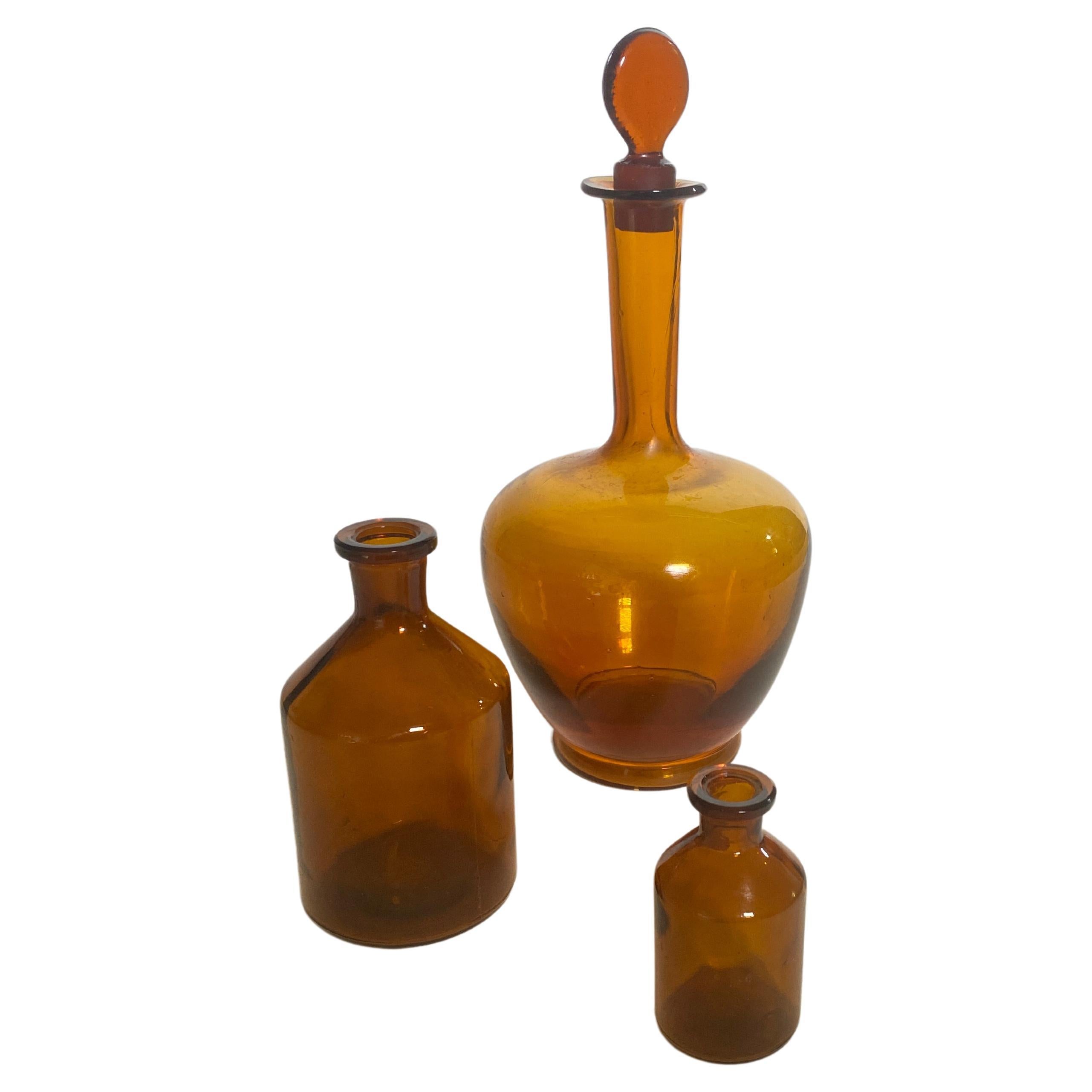 French Cobalt Orange Pharmacy Bottles Set of 3 Circa 20th Century For Sale