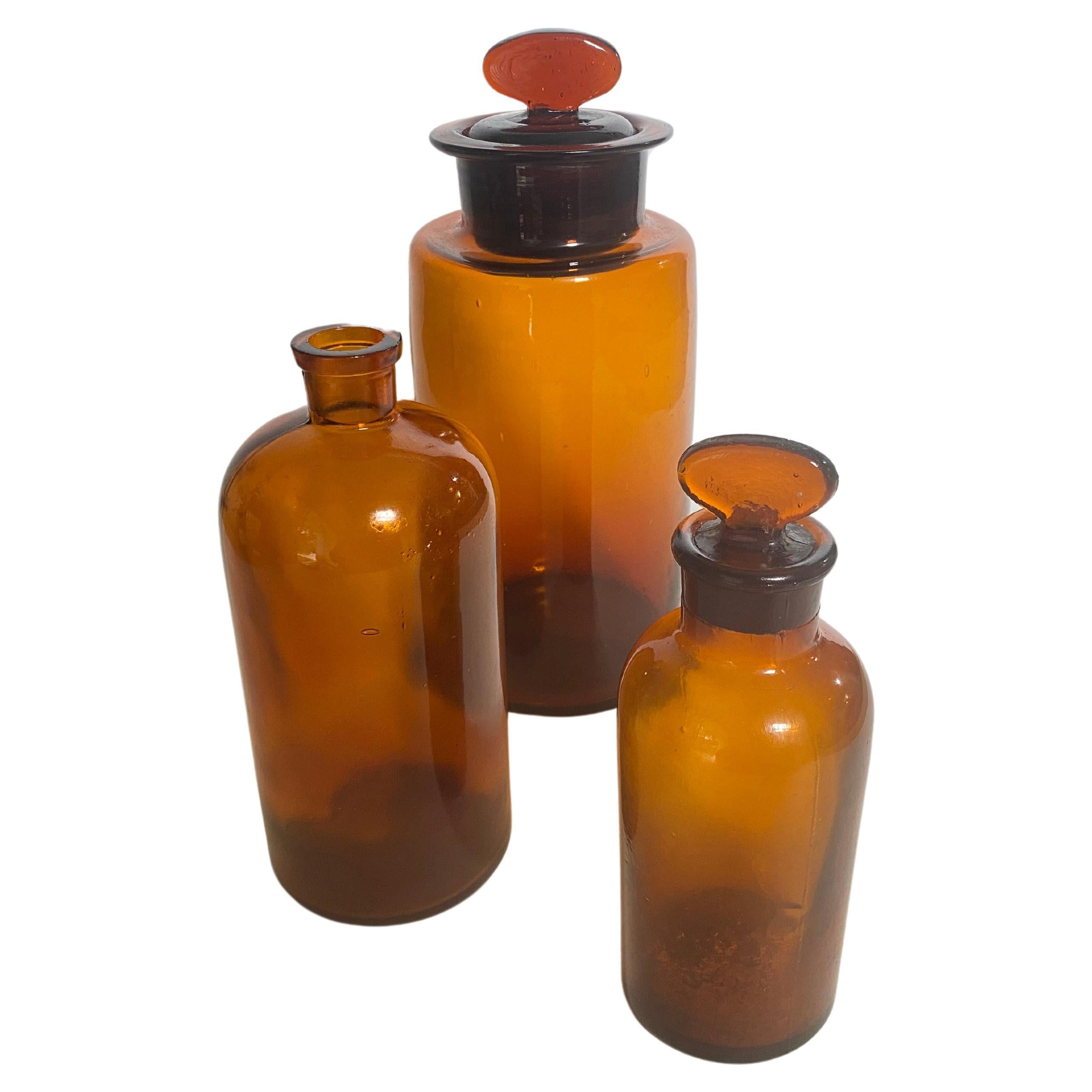 French Cobalt Orange Pharmacy Bottles Set of 3 Circa 20th Century For Sale