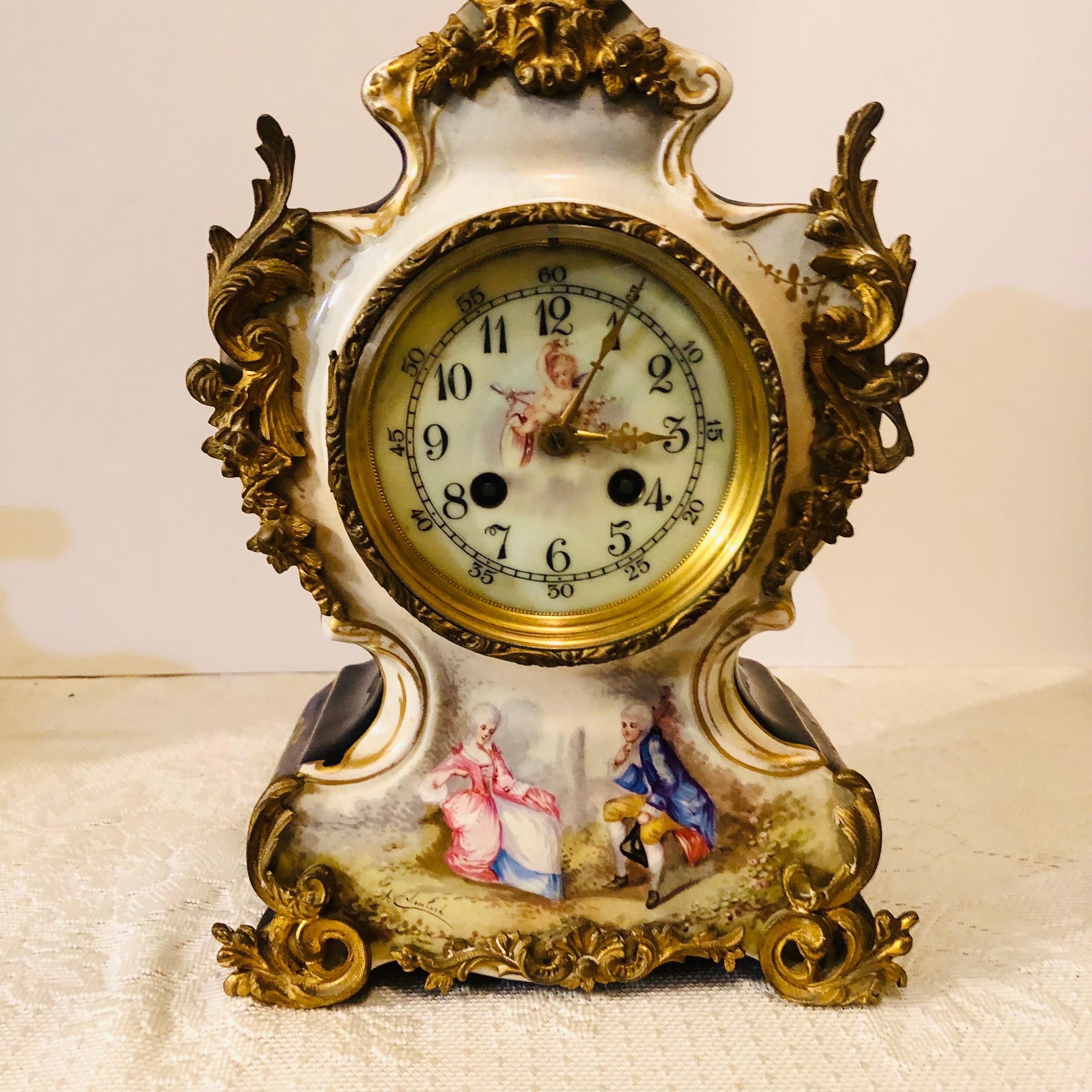 French Cobalt Porcelain Clock with Hand-painted Scene of Lovers and Cherubs For Sale 5