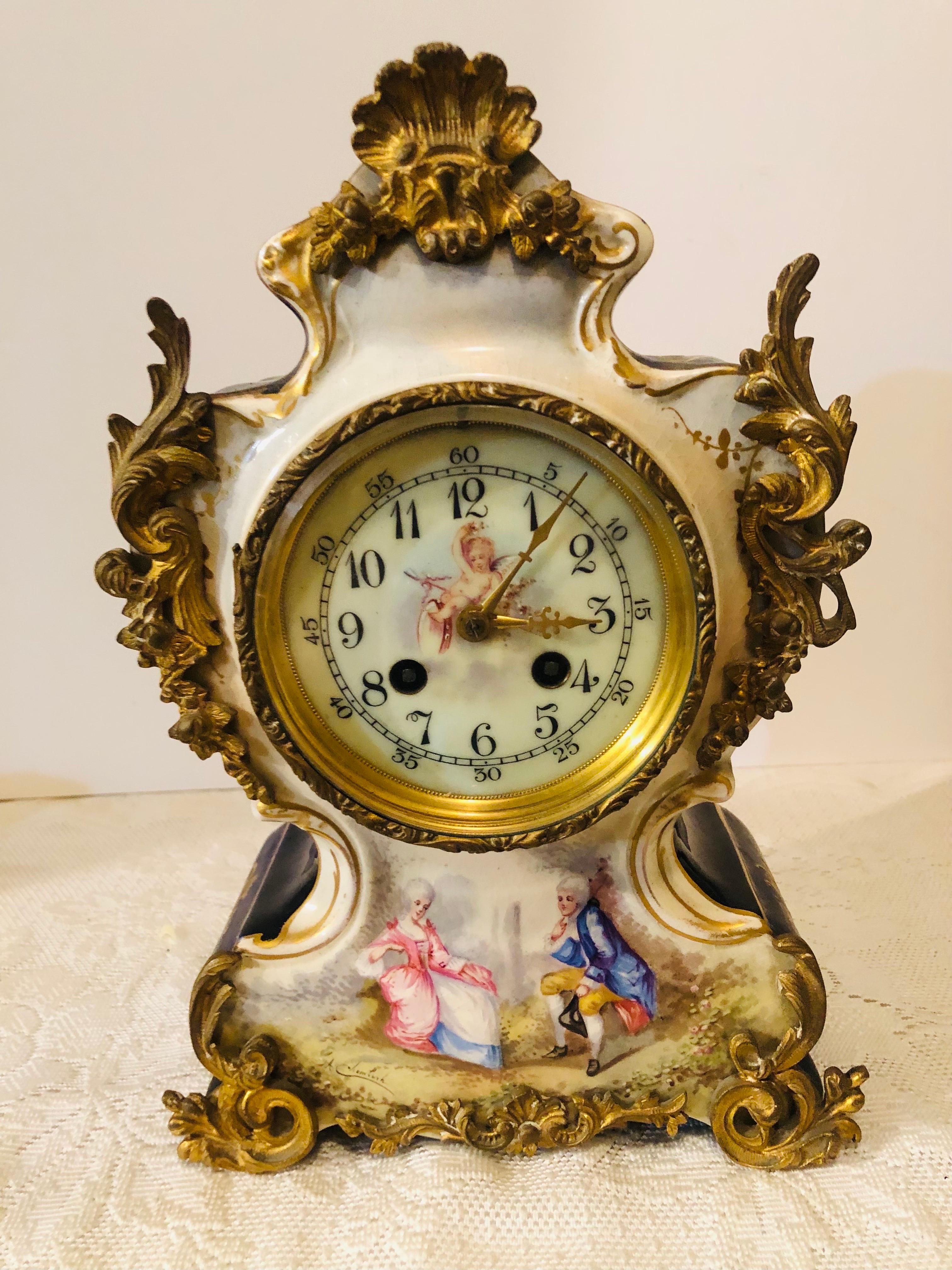 French Cobalt Porcelain Clock with Hand-painted Scene of Lovers and Cherubs For Sale 9