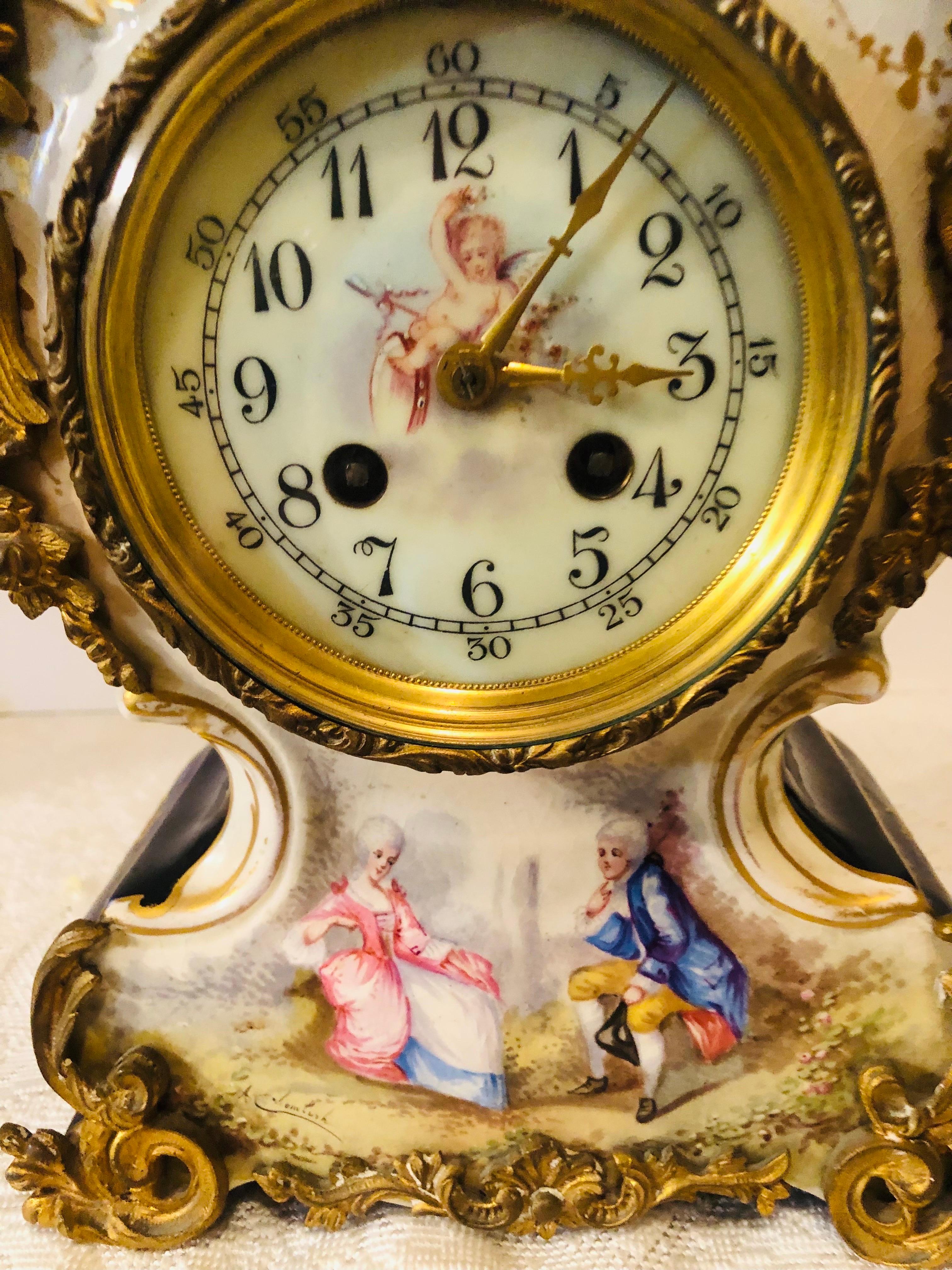 French Cobalt Porcelain Clock with Hand-painted Scene of Lovers and Cherubs For Sale 10