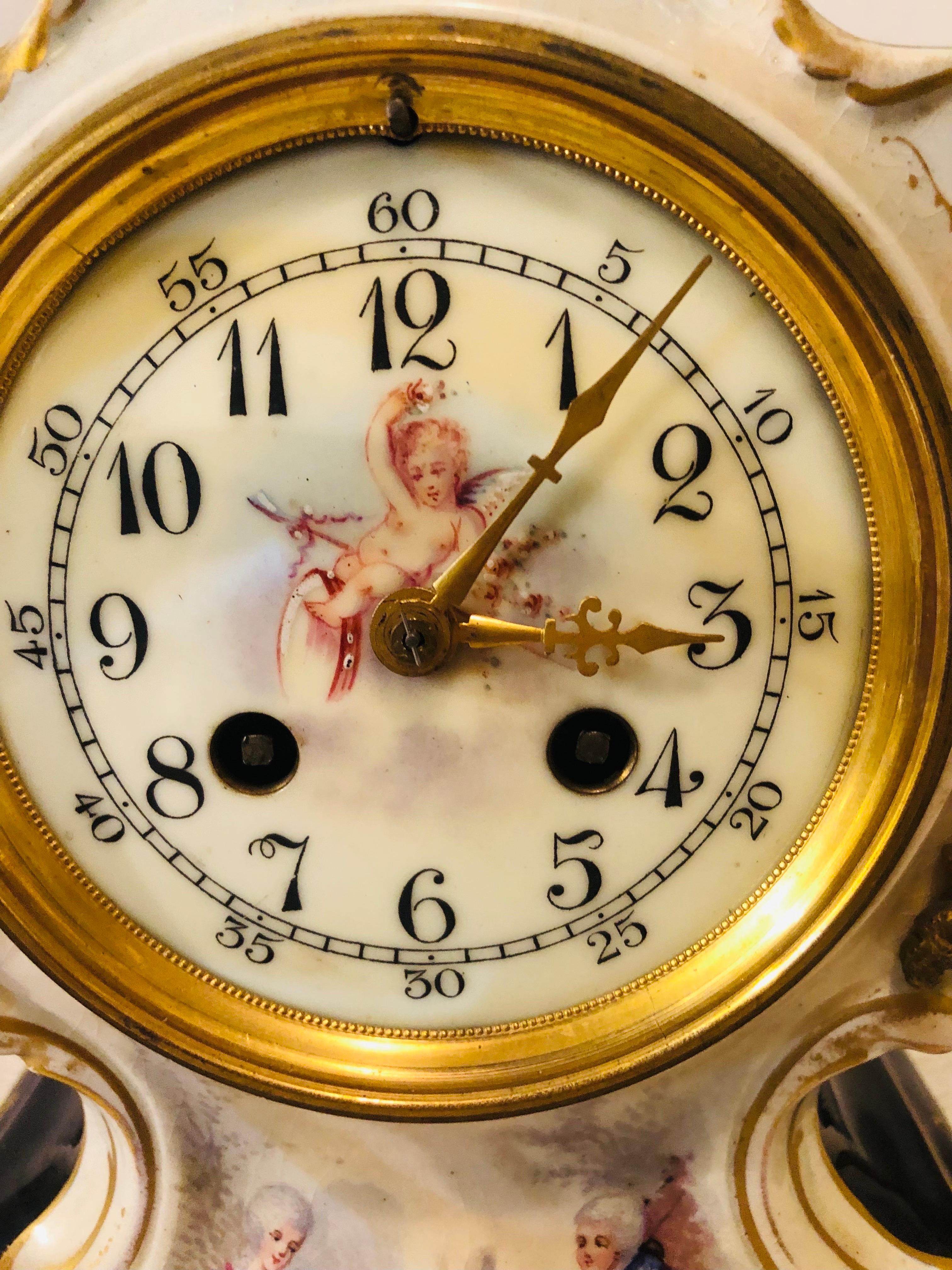 French Cobalt Porcelain Clock with Hand-painted Scene of Lovers and Cherubs For Sale 13
