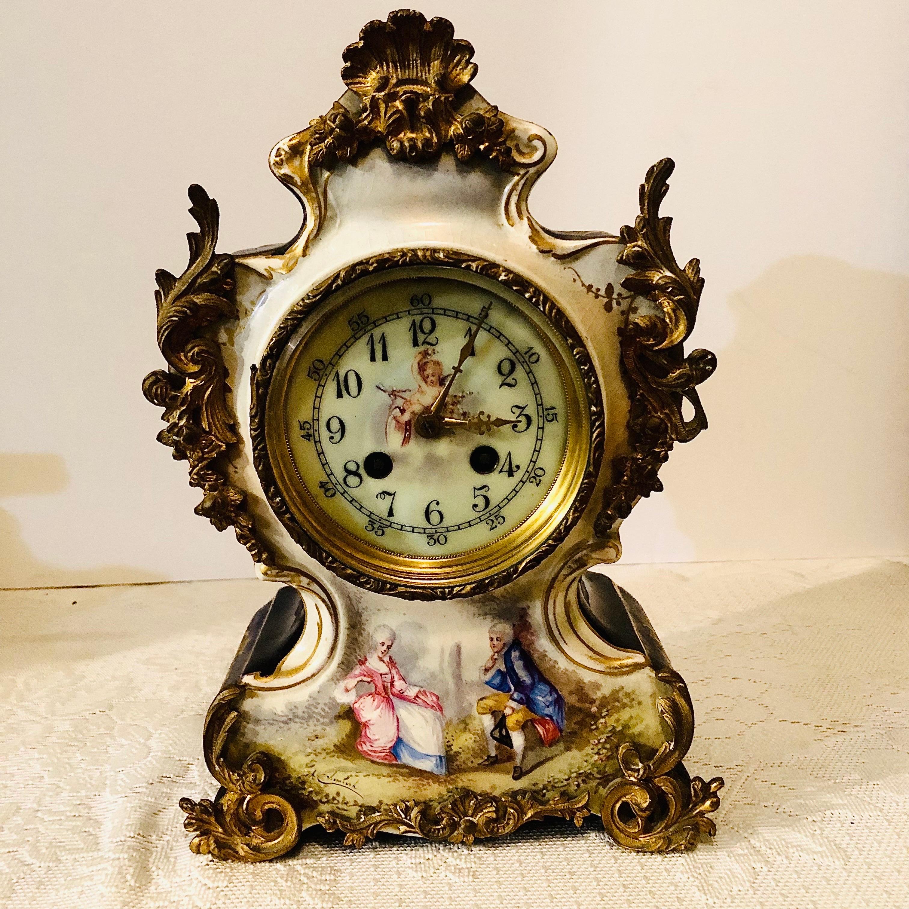 Rococo French Cobalt Porcelain Clock with Hand-painted Scene of Lovers and Cherubs For Sale