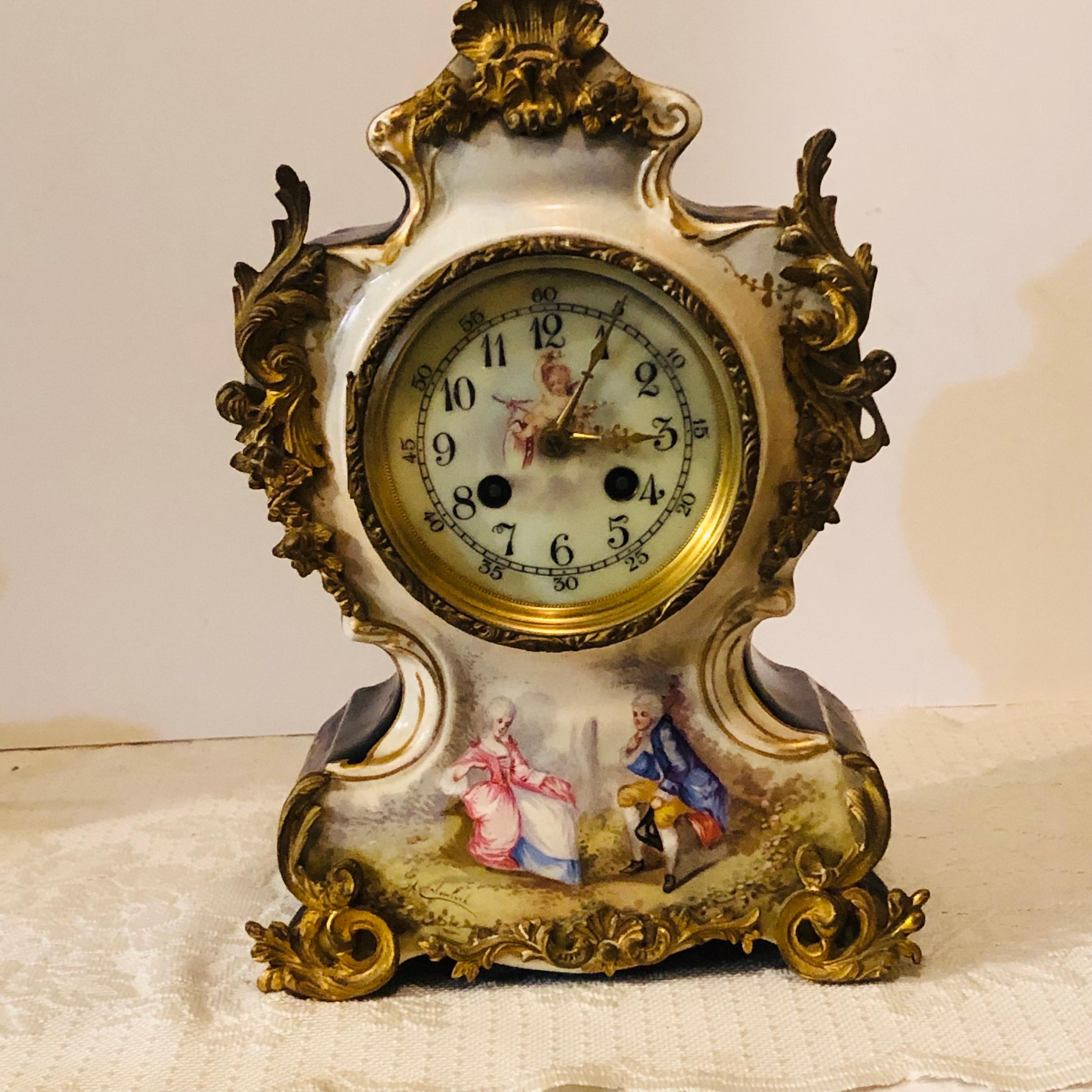 French Cobalt Porcelain Clock with Hand-painted Scene of Lovers and Cherubs For Sale 1