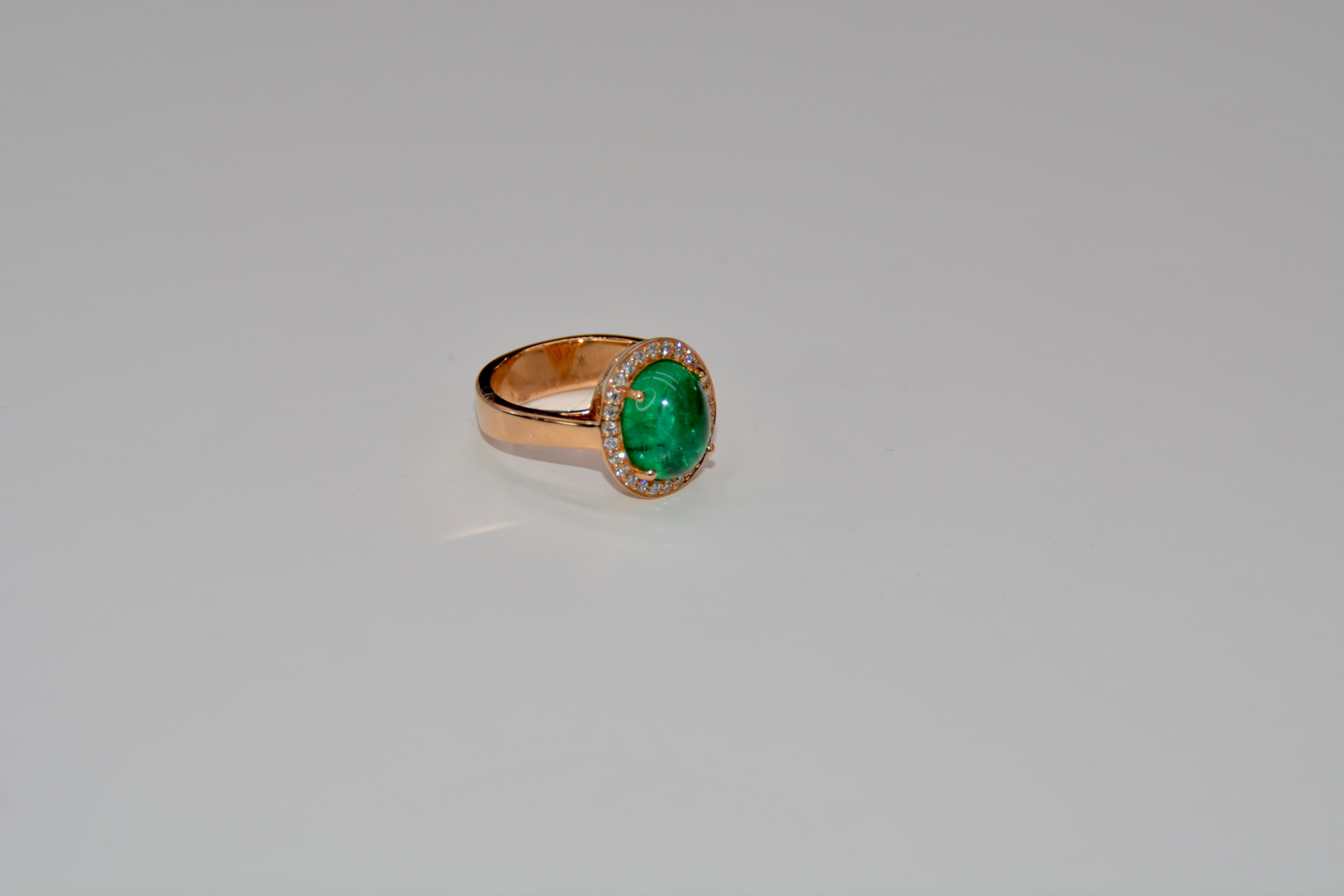 French Cocktail Ring Emerald Cabochon Diamonds Rose Gold For Sale 5