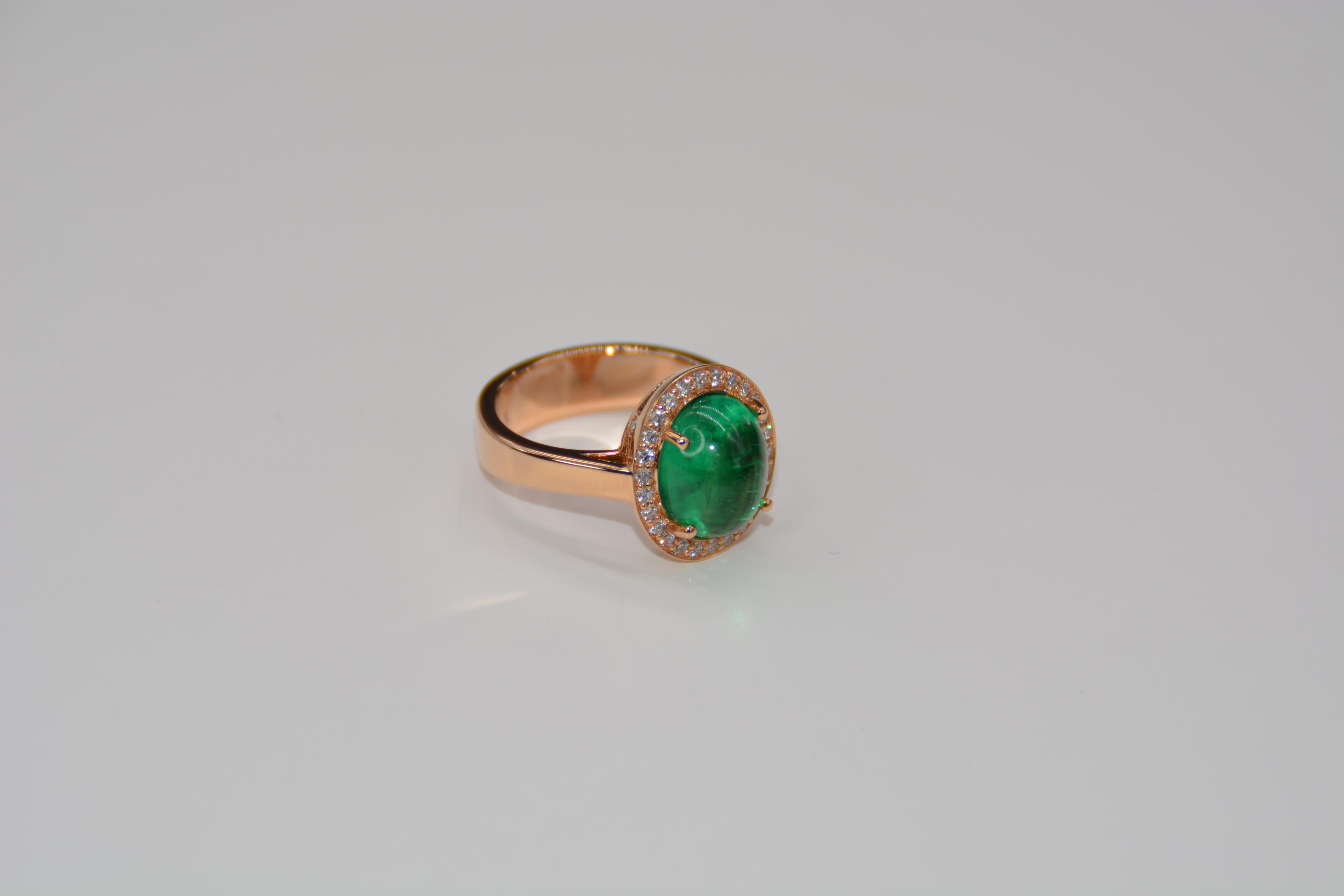 French Cocktail Ring Emerald Cabochon Diamonds Rose Gold For Sale 6