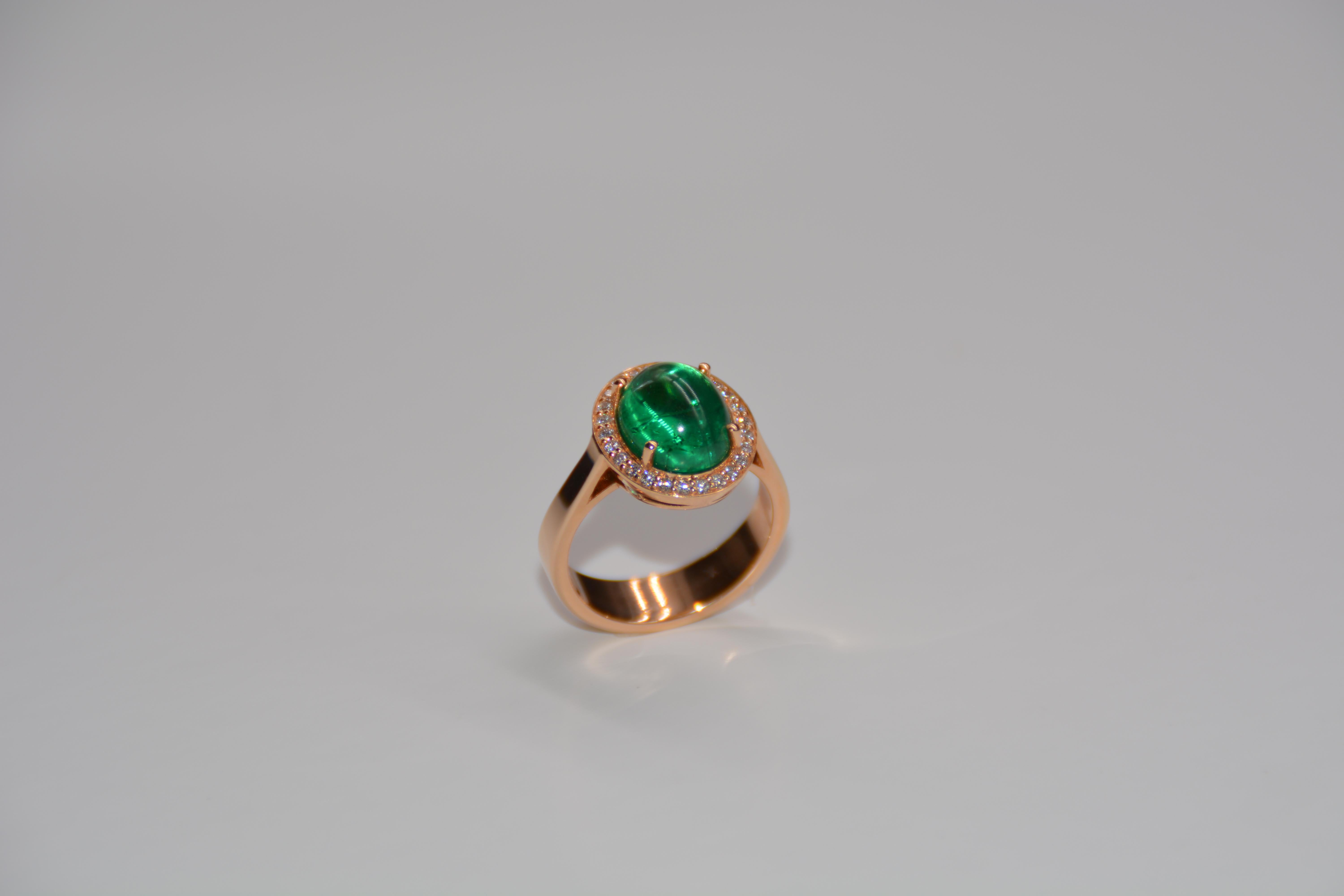 French Cocktail Ring Emerald Cabochon Diamonds Rose Gold For Sale 7