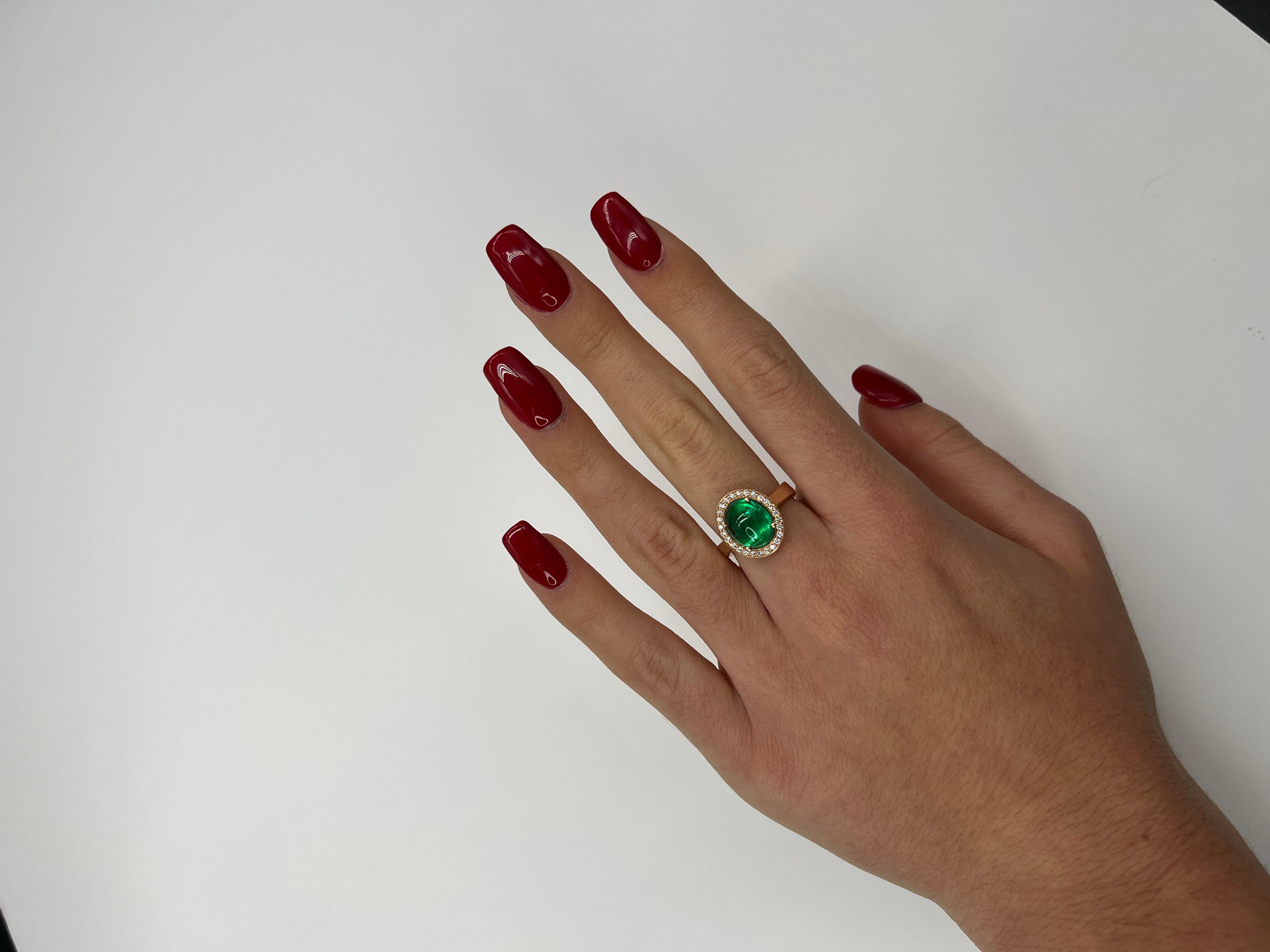 French Cocktail Ring Emerald Cabochon Diamonds Rose Gold For Sale 8