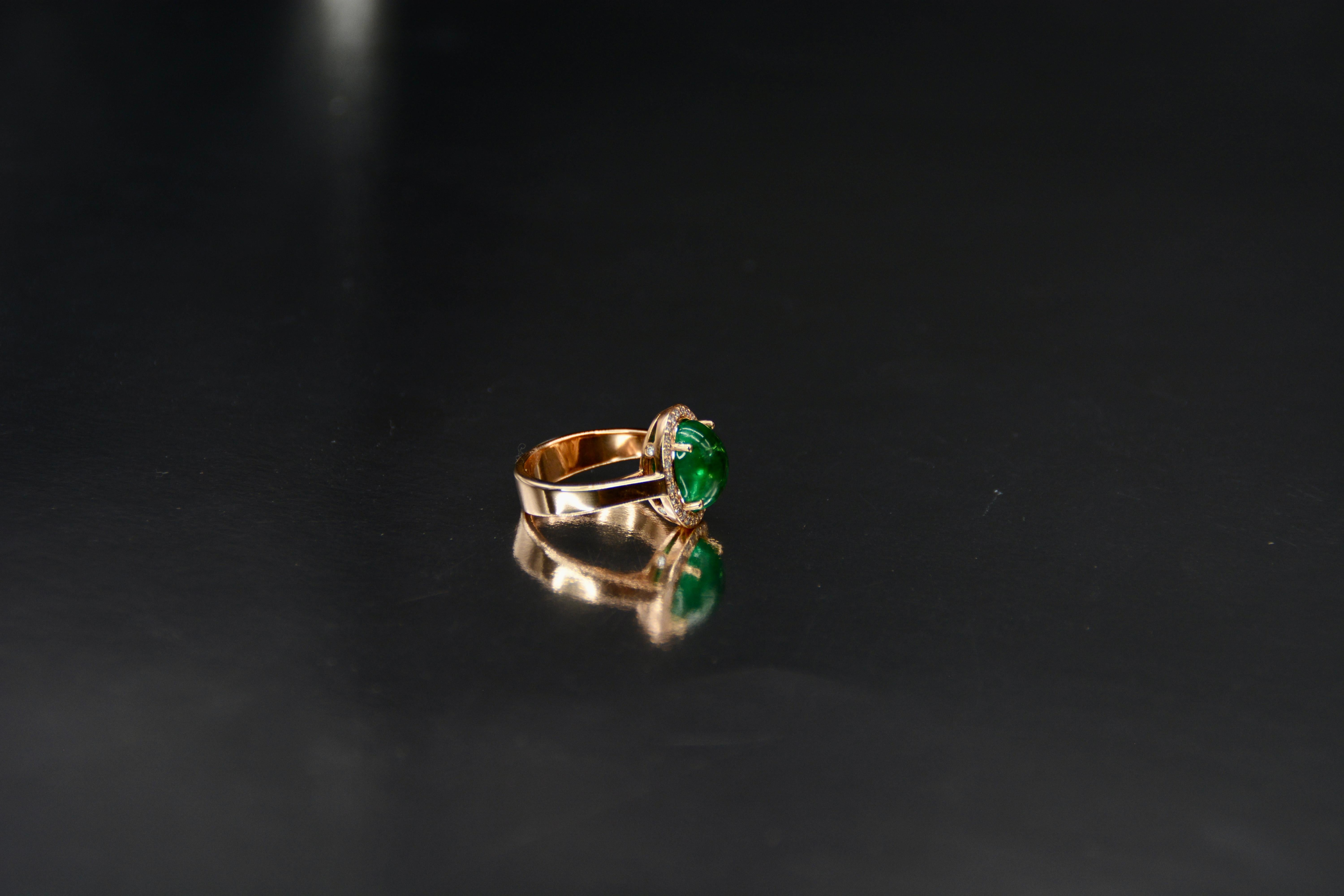 Art Deco French Cocktail Ring Emerald Cabochon Diamonds Rose Gold For Sale