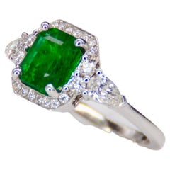French Cocktail Ring Emerald Diamond White Gold