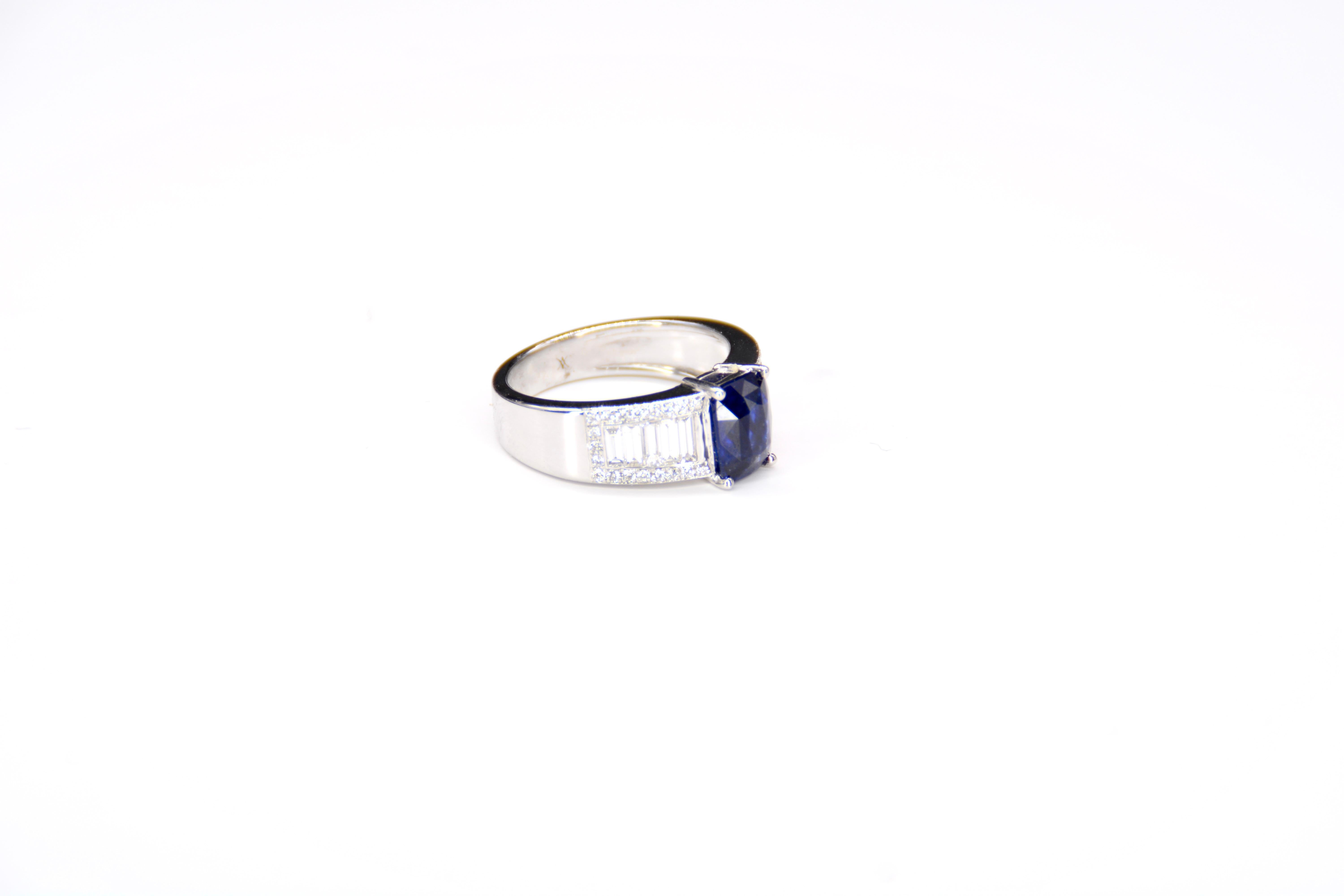 Emerald Cut French Cocktail Ring in White Gold Sapphire Diamonds For Sale