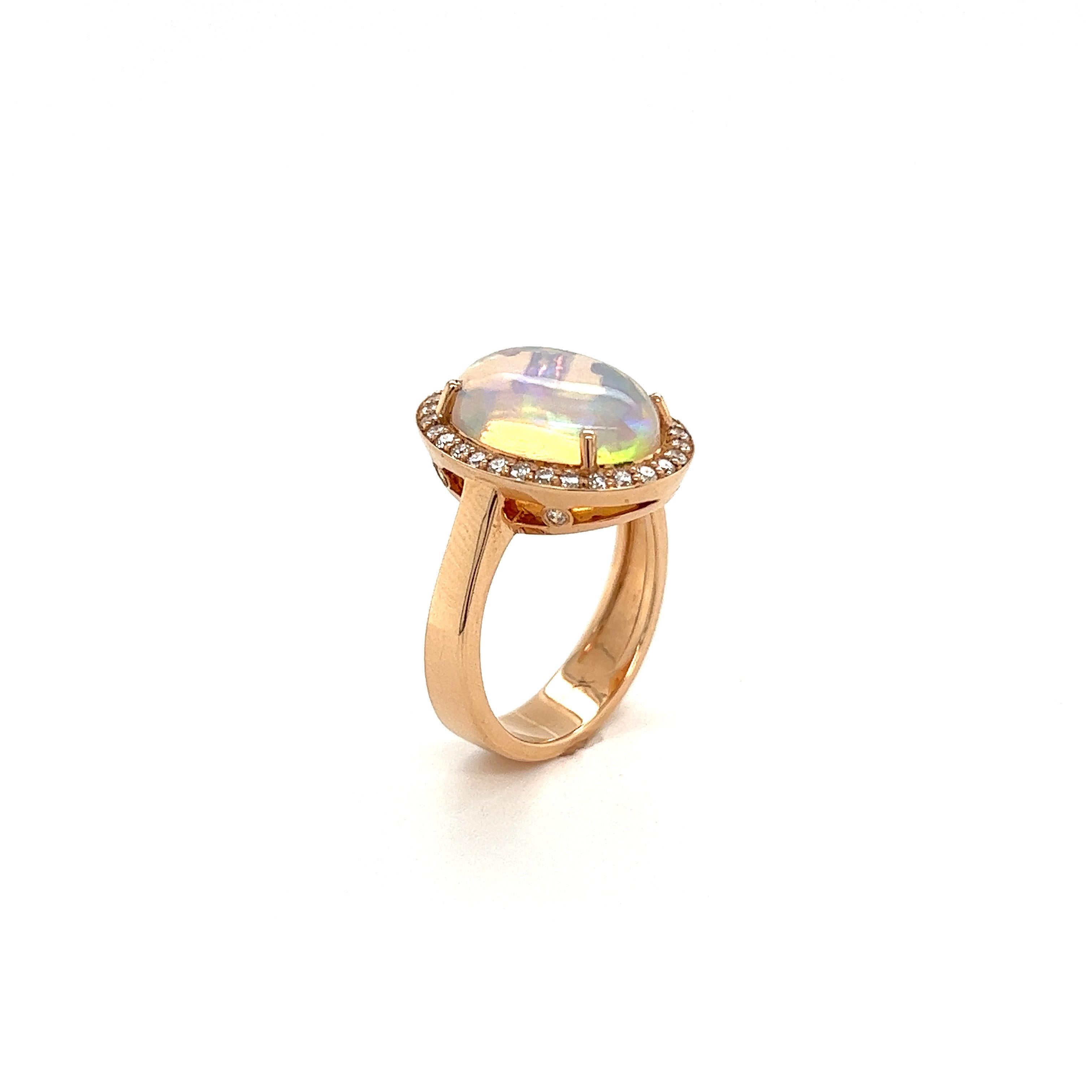 French Cocktail Ring Opal Cabochon Surrounded by Diamonds Yellow Gold 18 Karat For Sale 6