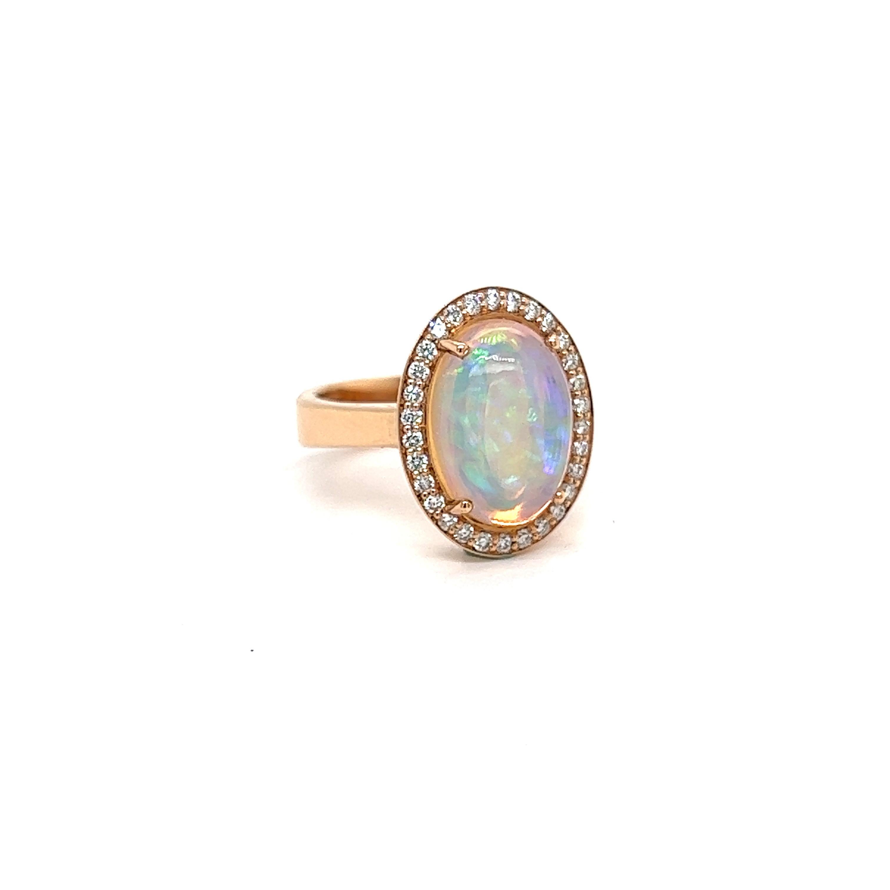 French Cocktail Ring Opal Cabochon Surrounded by Diamonds Yellow Gold 18 Karat For Sale 7