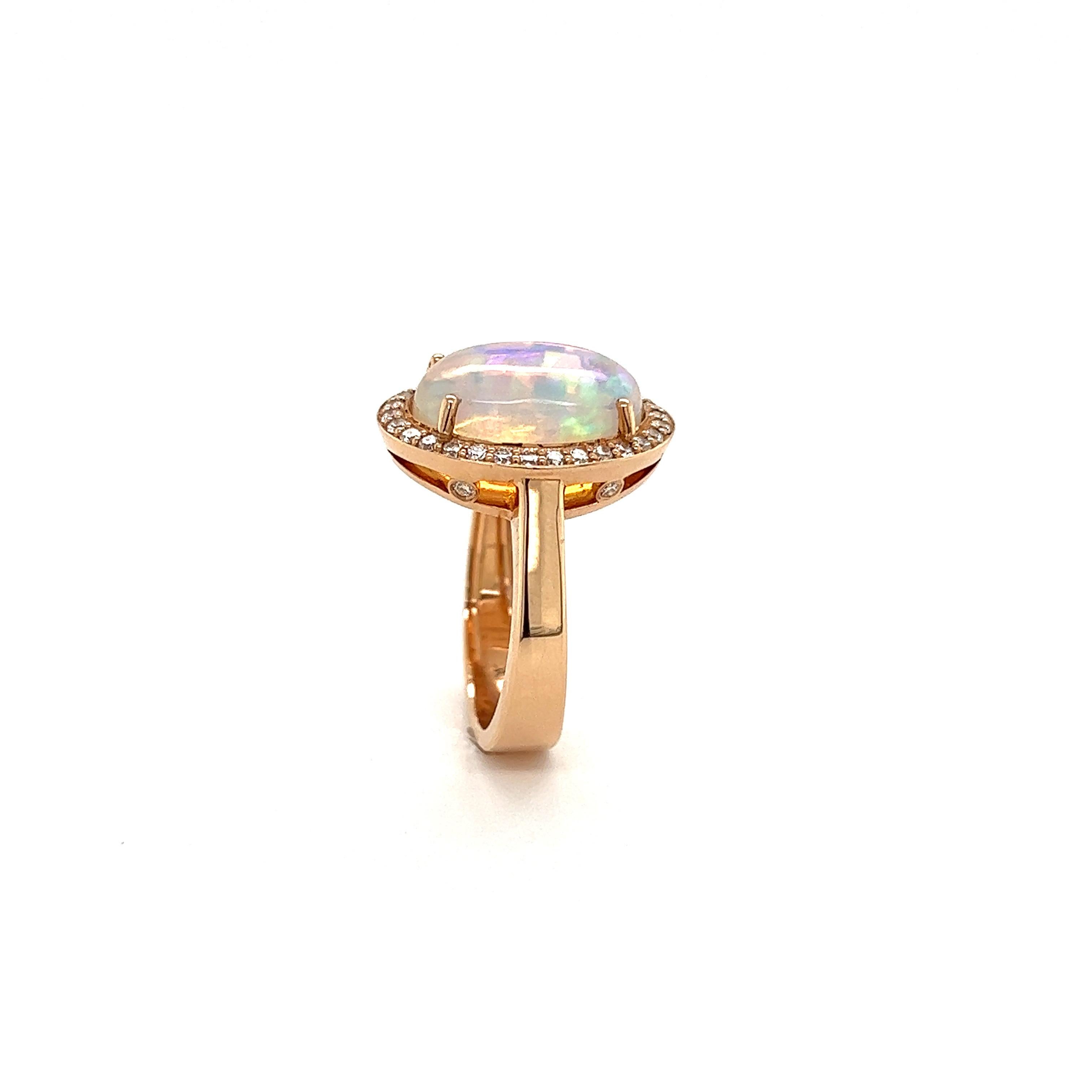 French Cocktail Ring Opal Cabochon Surrounded by Diamonds Yellow Gold 18 Karat For Sale 8