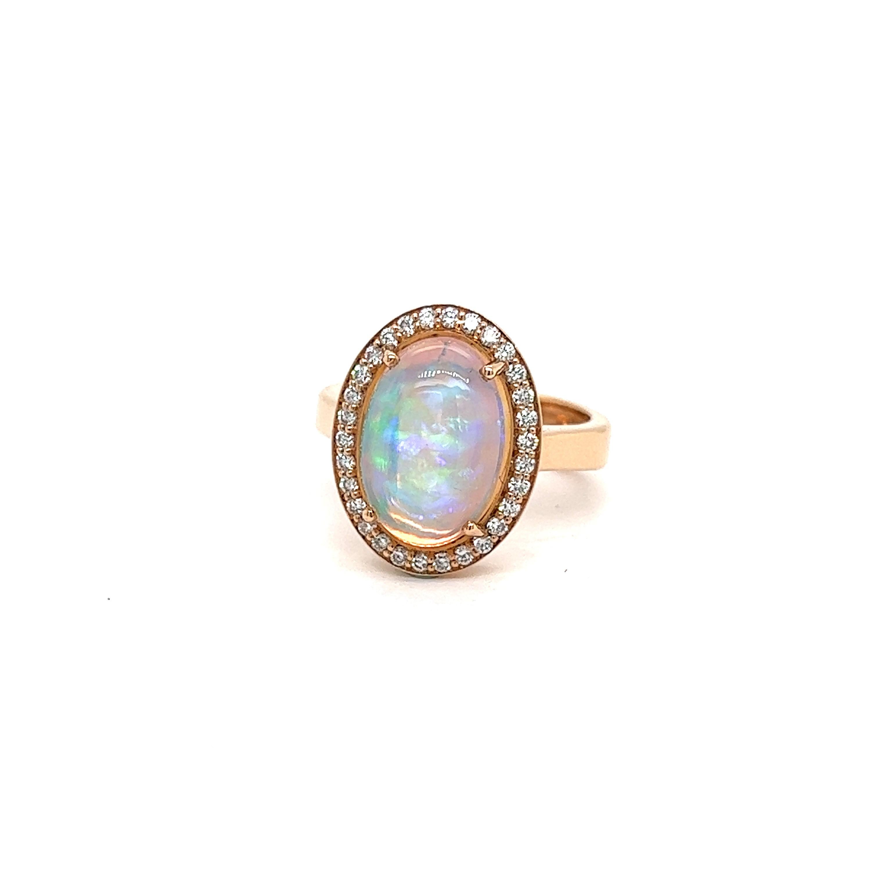 French Cocktail Ring Opal Cabochon Surrounded by Diamonds Yellow Gold 18 Karat For Sale 9
