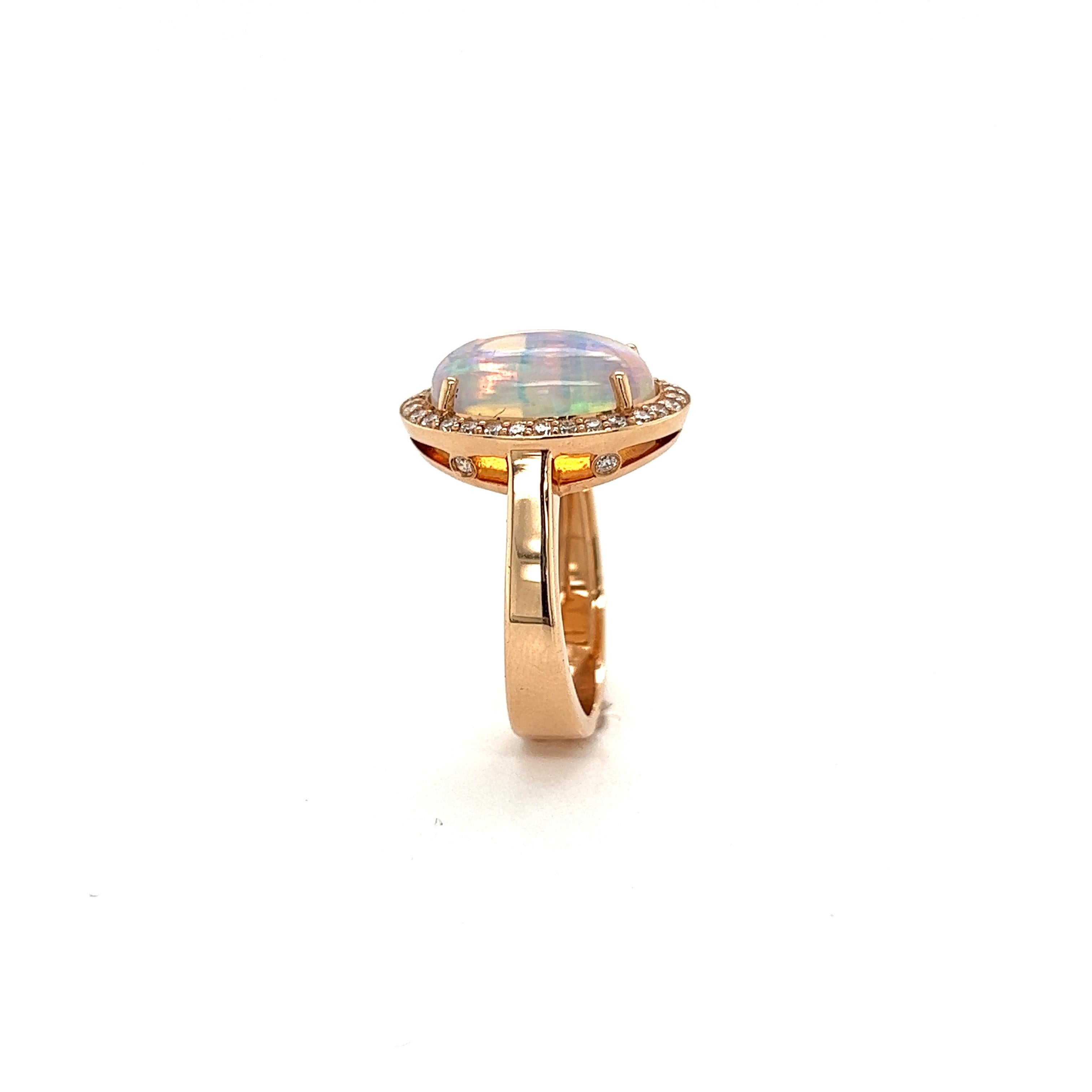 French Cocktail Ring Opal Cabochon Surrounded by Diamonds Yellow Gold 18 Karat For Sale 11