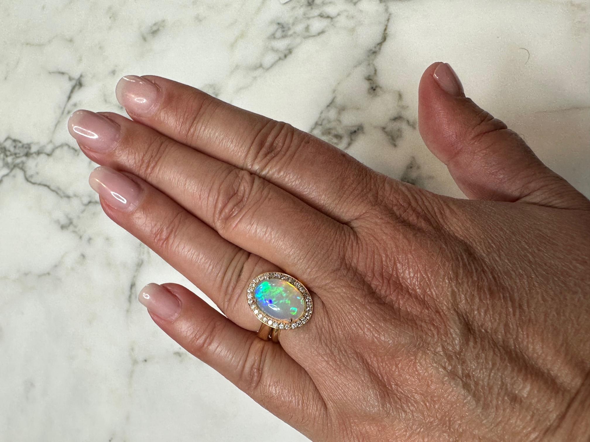Modern French Cocktail Ring Opal Cabochon Surrounded by Diamonds Yellow Gold 18 Karat For Sale