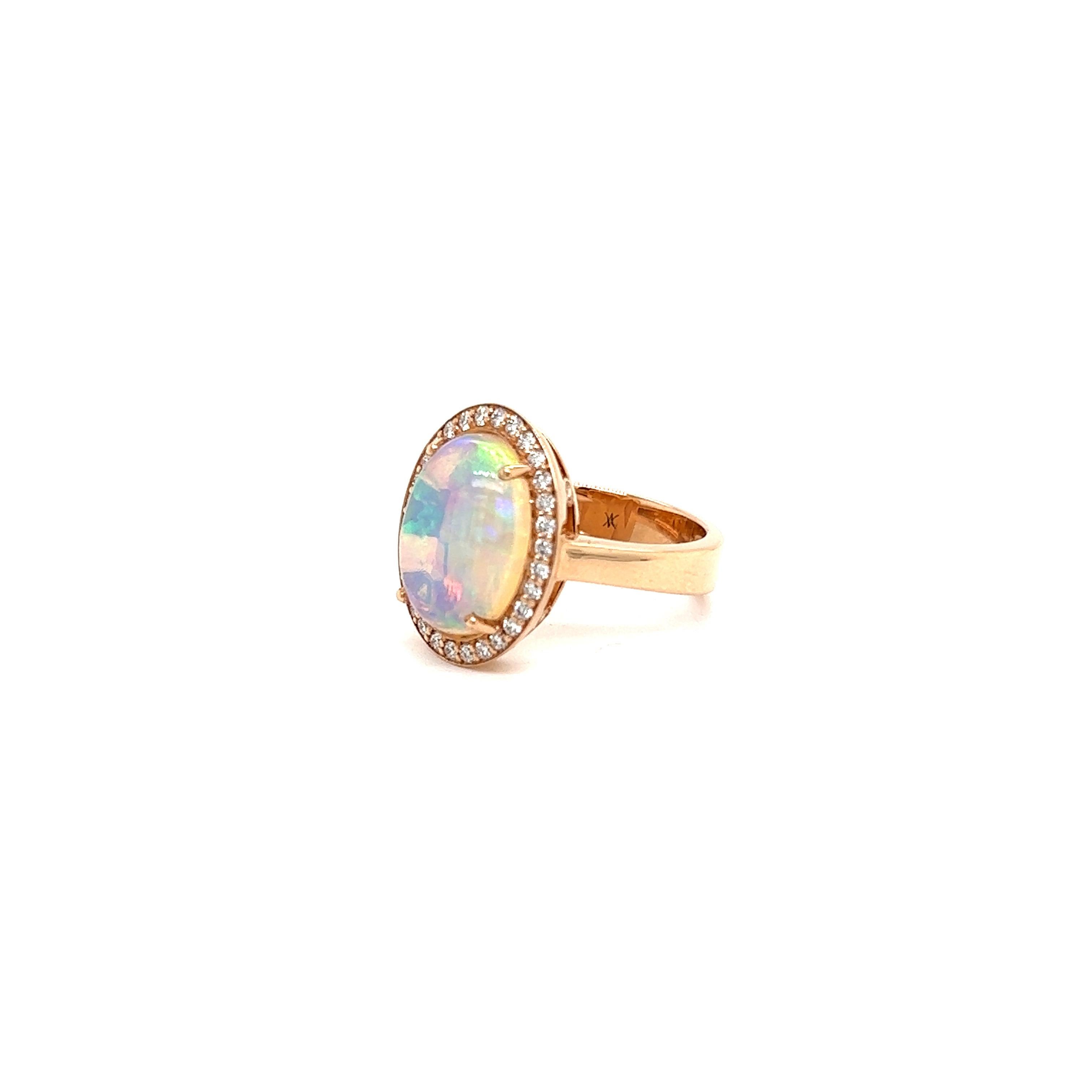 French Cocktail Ring Opal Cabochon Surrounded by Diamonds Yellow Gold 18 Karat In New Condition For Sale In Vannes, FR