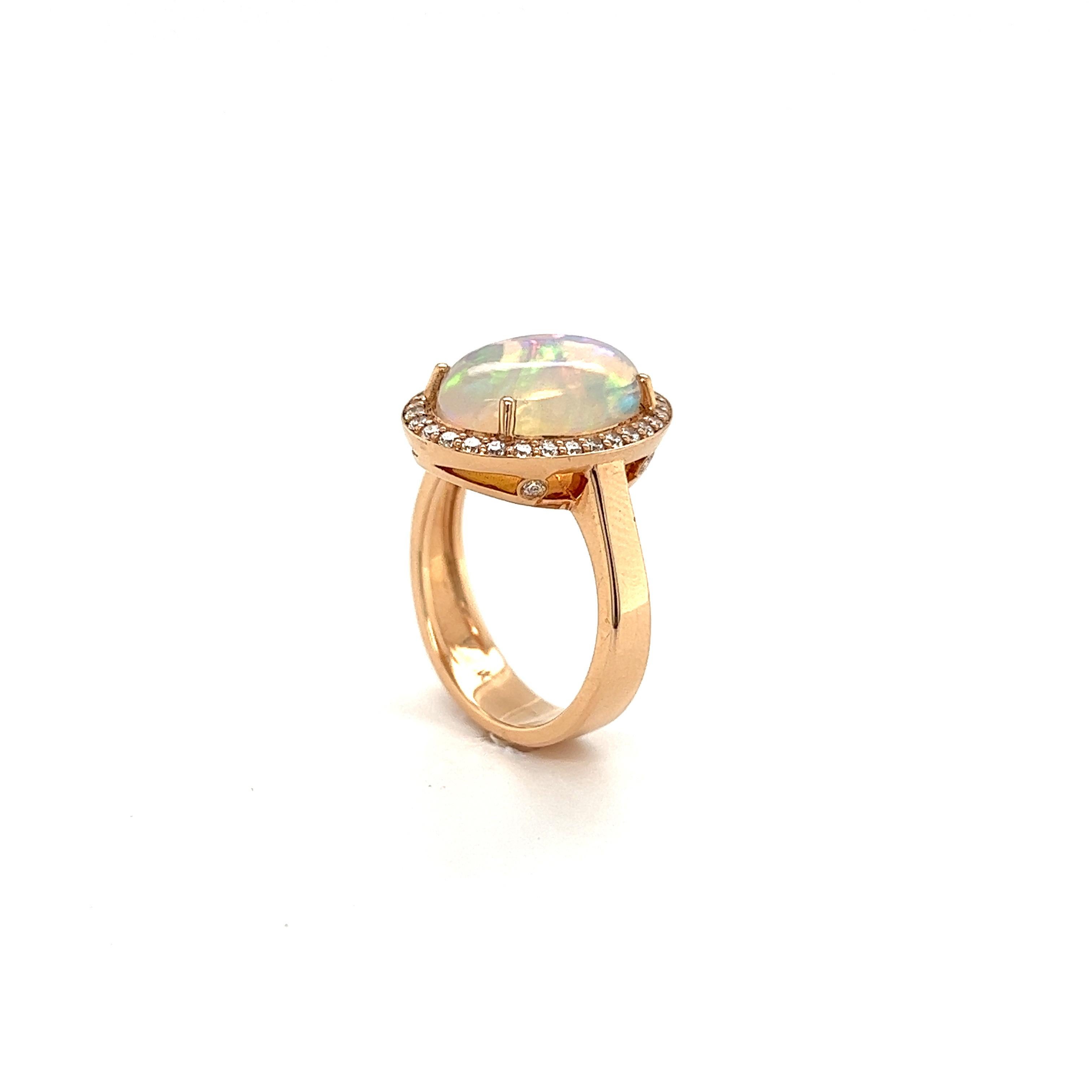 Women's French Cocktail Ring Opal Cabochon Surrounded by Diamonds Yellow Gold 18 Karat For Sale