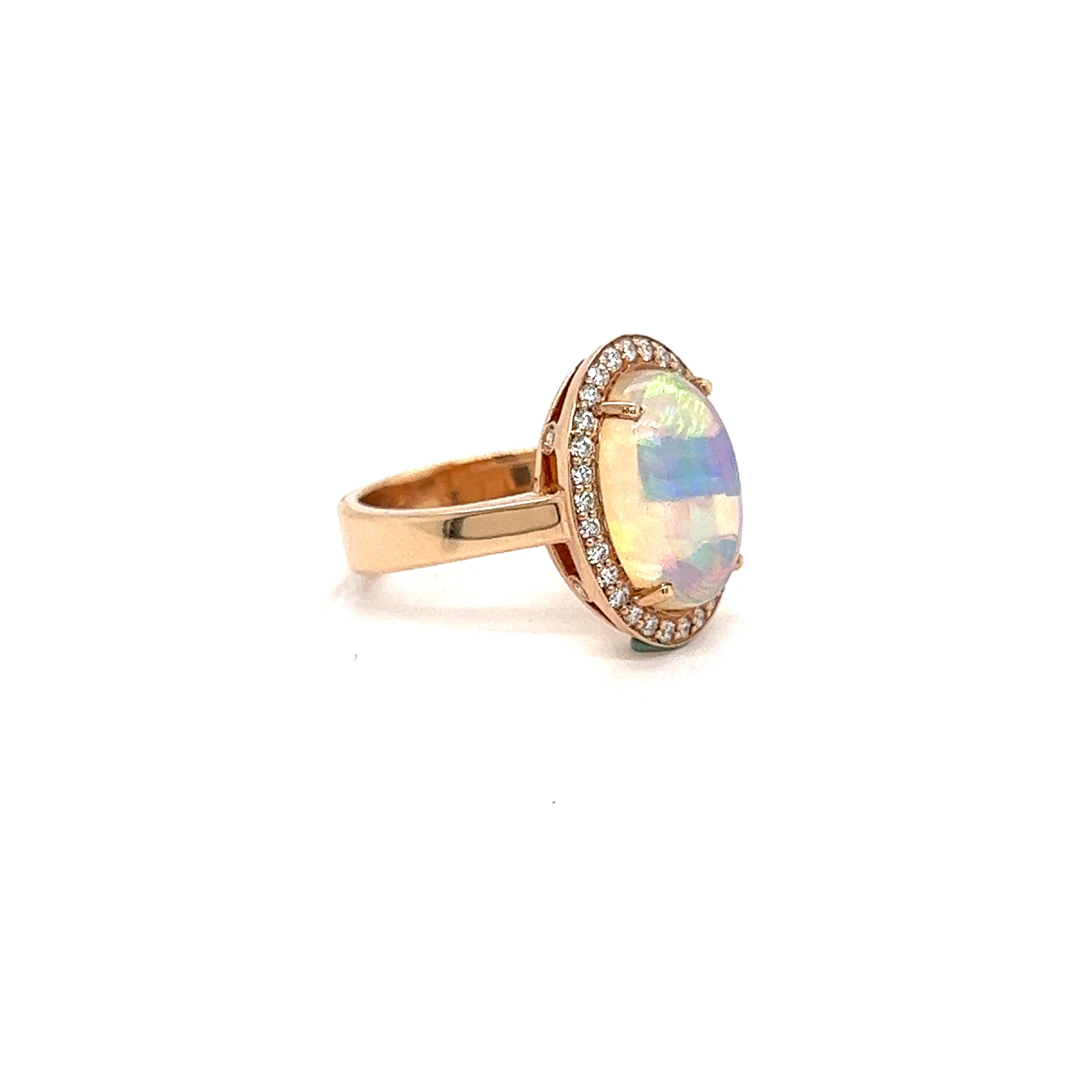 French Cocktail Ring Opal Cabochon Surrounded by Diamonds Yellow Gold 18 Karat For Sale 3