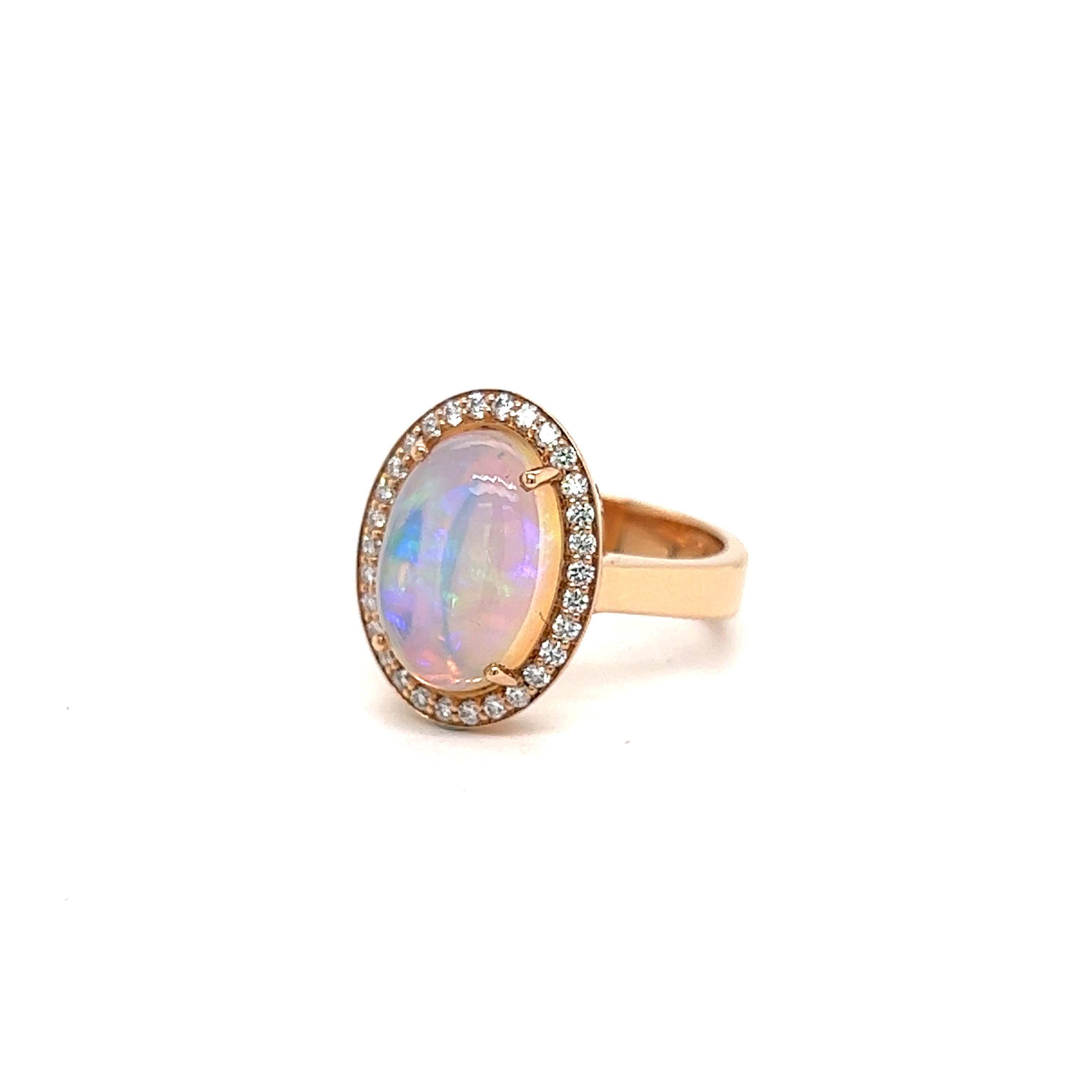 French Cocktail Ring Opal Cabochon Surrounded by Diamonds Yellow Gold 18 Karat For Sale 4
