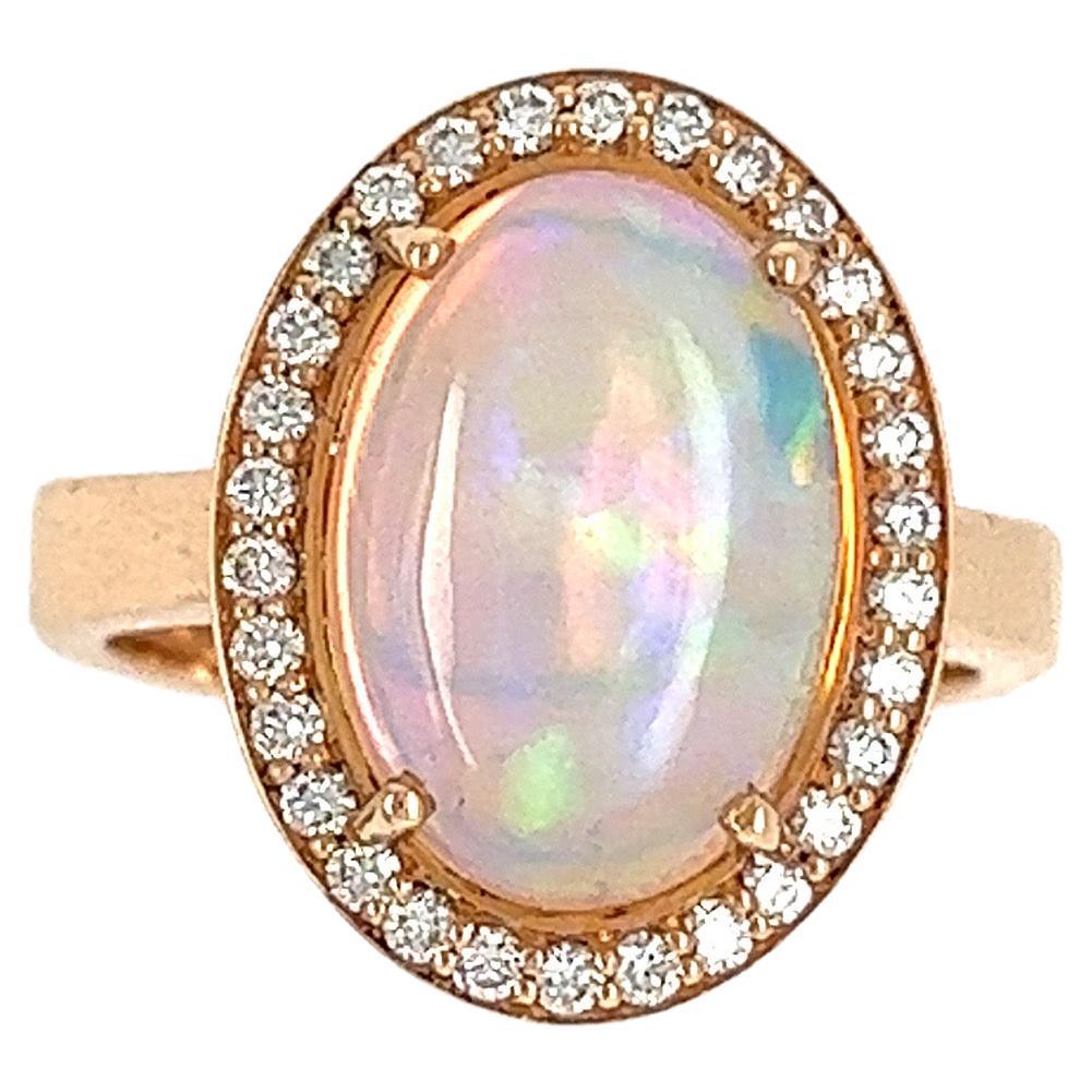 French Cocktail Ring Opal Cabochon Surrounded by Diamonds Yellow Gold 18 Karat For Sale